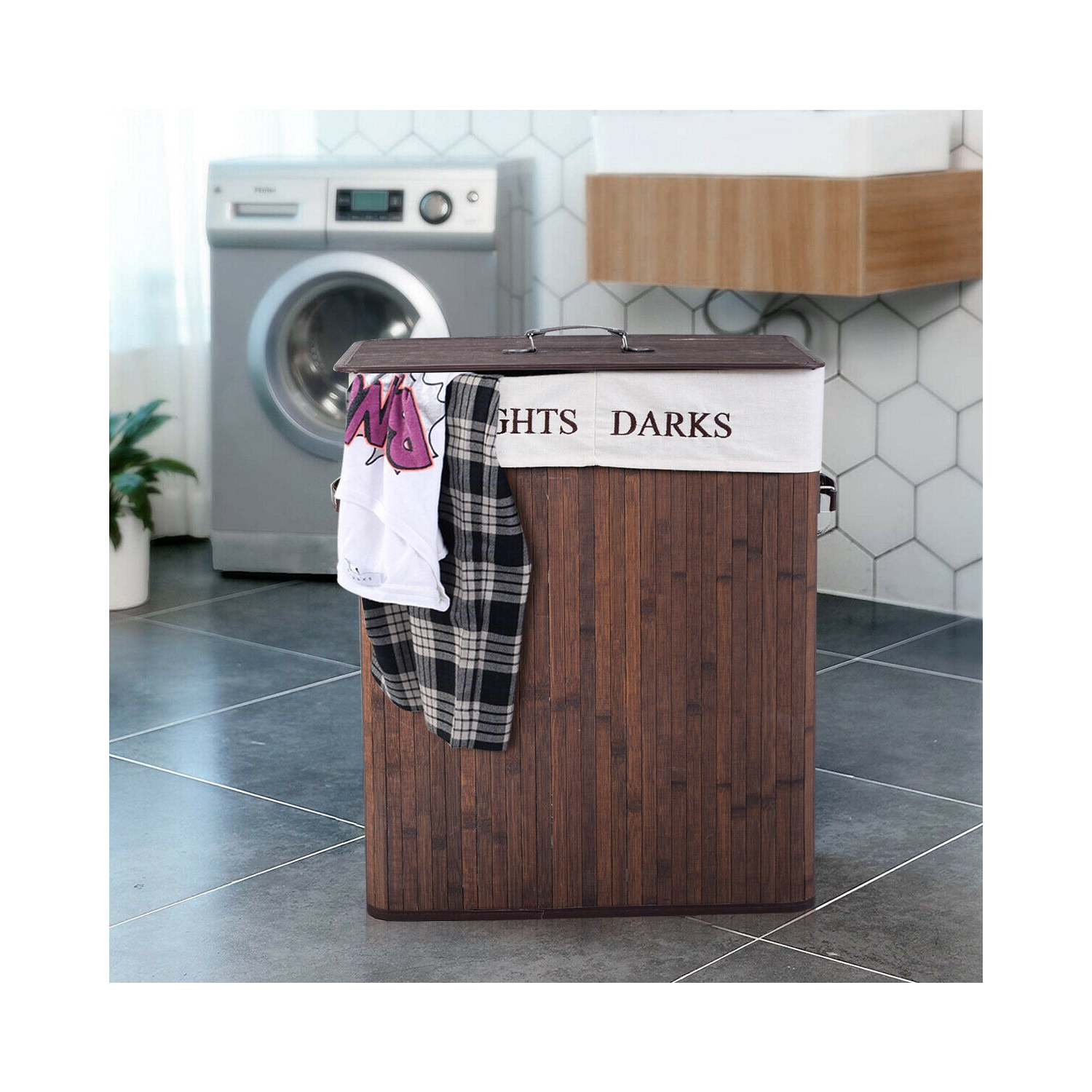 Costway Folding Double Rectangle Bamboo Hamper Laundry Basket Cloth Storage Bag Lid Brown