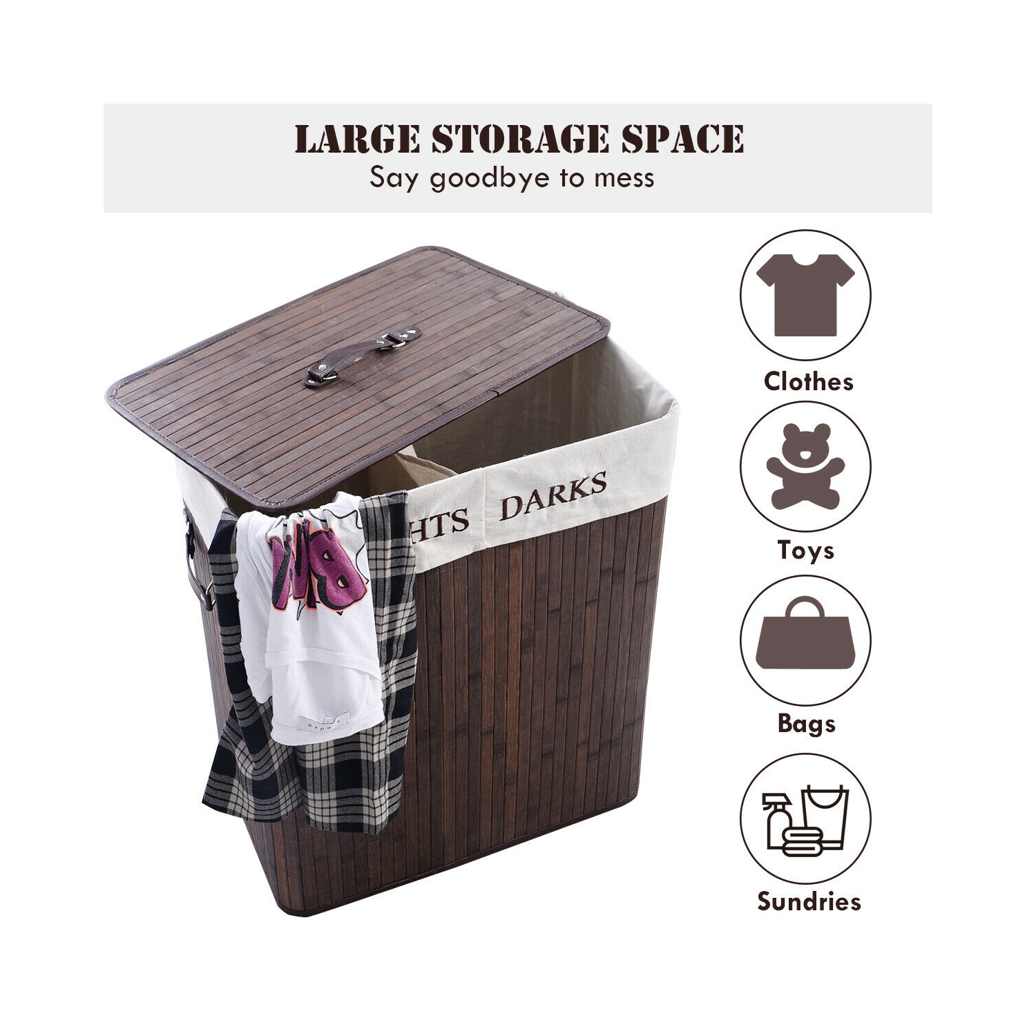 Costway Folding Double Rectangle Bamboo Hamper Laundry Basket Cloth Storage Bag Lid Brown