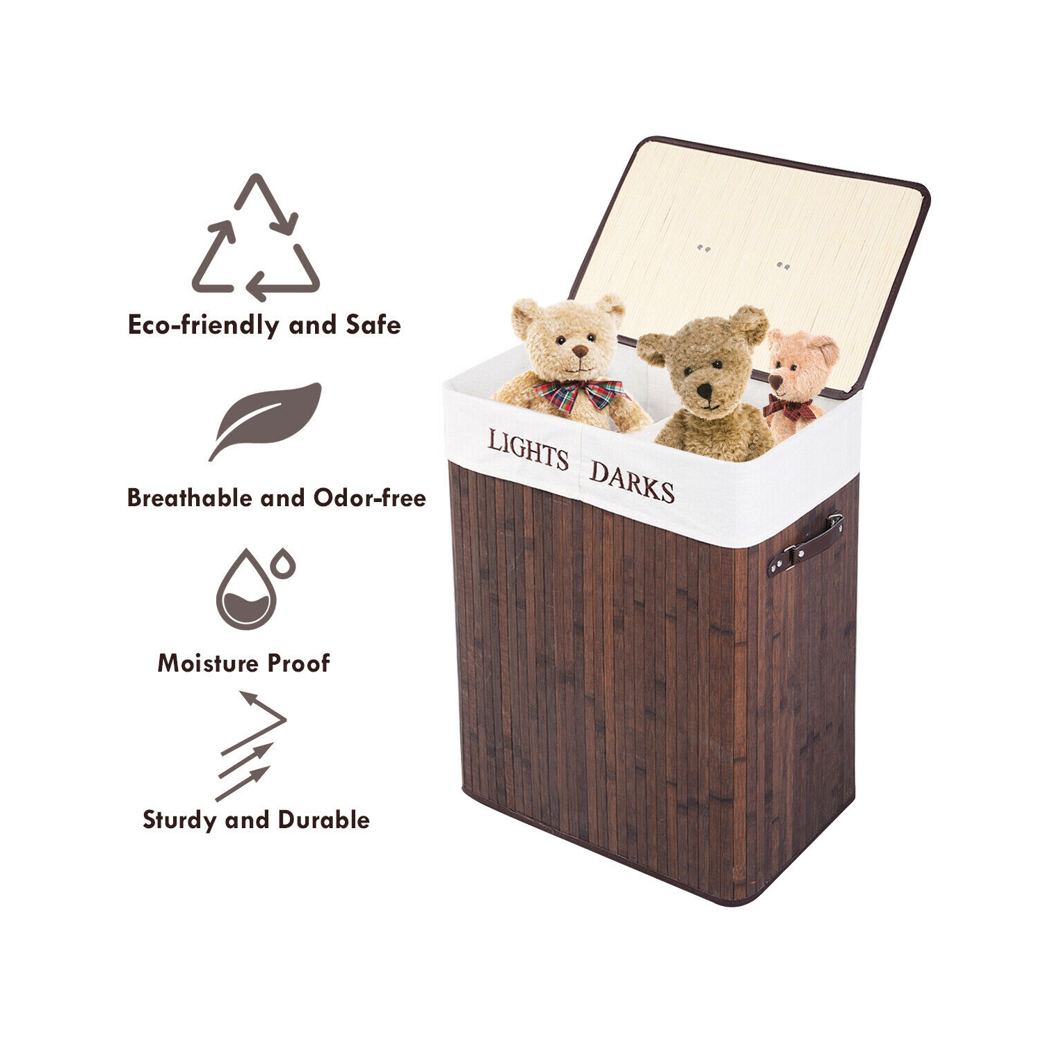 Costway Folding Double Rectangle Bamboo Hamper Laundry Basket Cloth Storage Bag Lid Brown