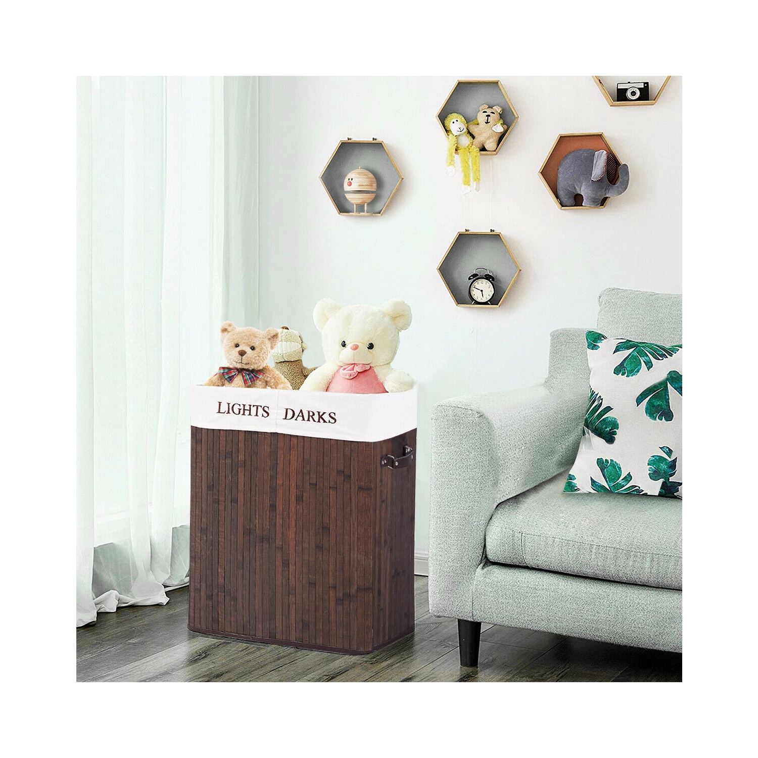 Costway Folding Double Rectangle Bamboo Hamper Laundry Basket Cloth Storage Bag Lid Brown