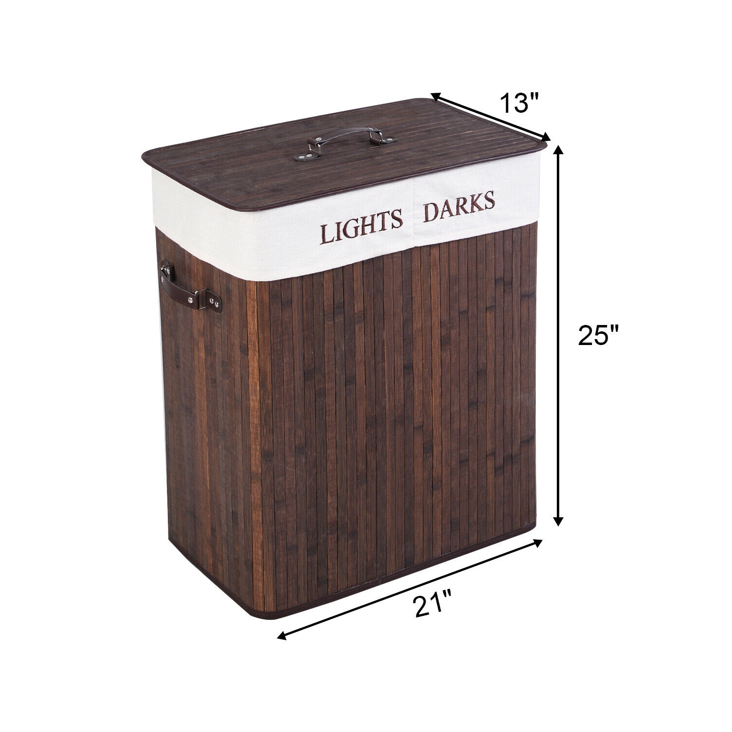 Costway Folding Double Rectangle Bamboo Hamper Laundry Basket Cloth Storage Bag Lid Brown