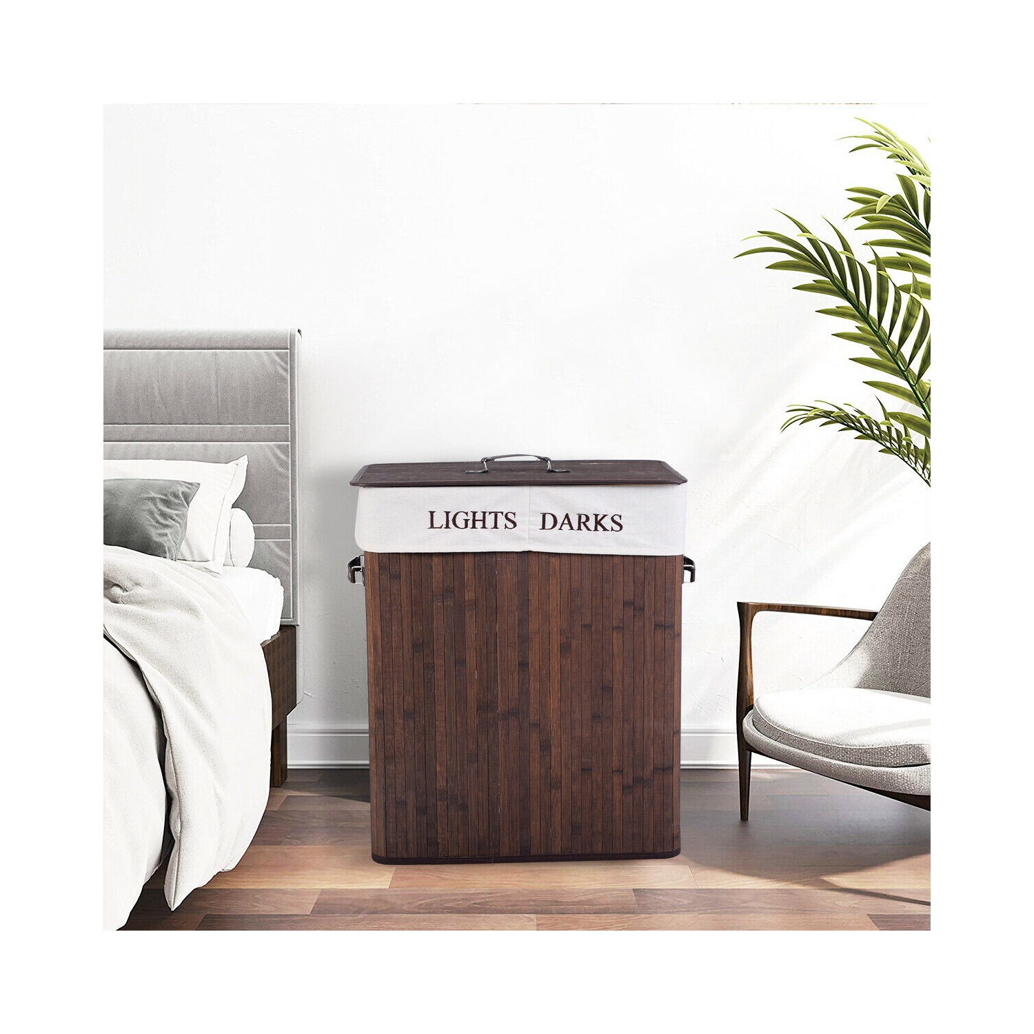 Costway Folding Double Rectangle Bamboo Hamper Laundry Basket Cloth Storage Bag Lid Brown