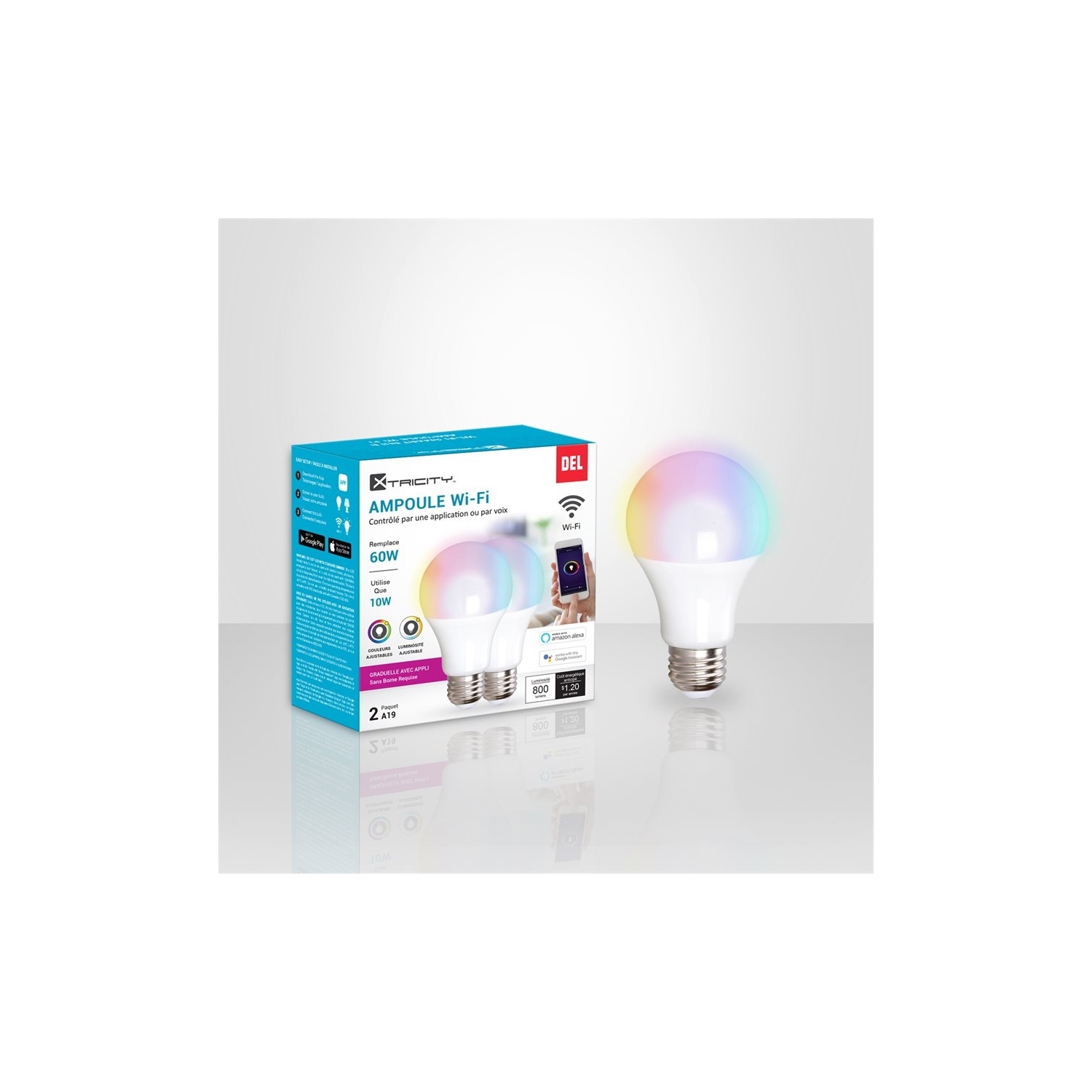 Xcentricité 1-50085 DEL Wi-Fi de type A 10 W 120 V RVB couleurs 2700 K à 6500 K angle blanc, 2 par paquet