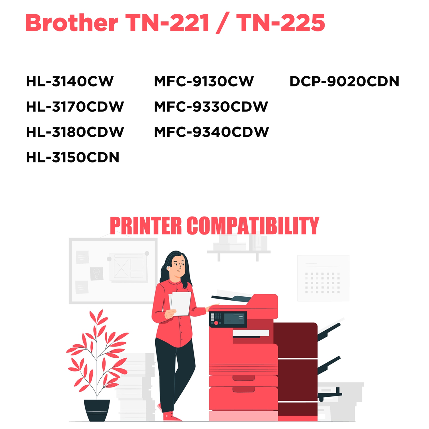 Printer Pro™ Brother TN221/TN-221 BK/TN225/TN-225 Magenta Toner Cartridge-Brother Printer MFC-9130/9330/9340/9020/3170/3180