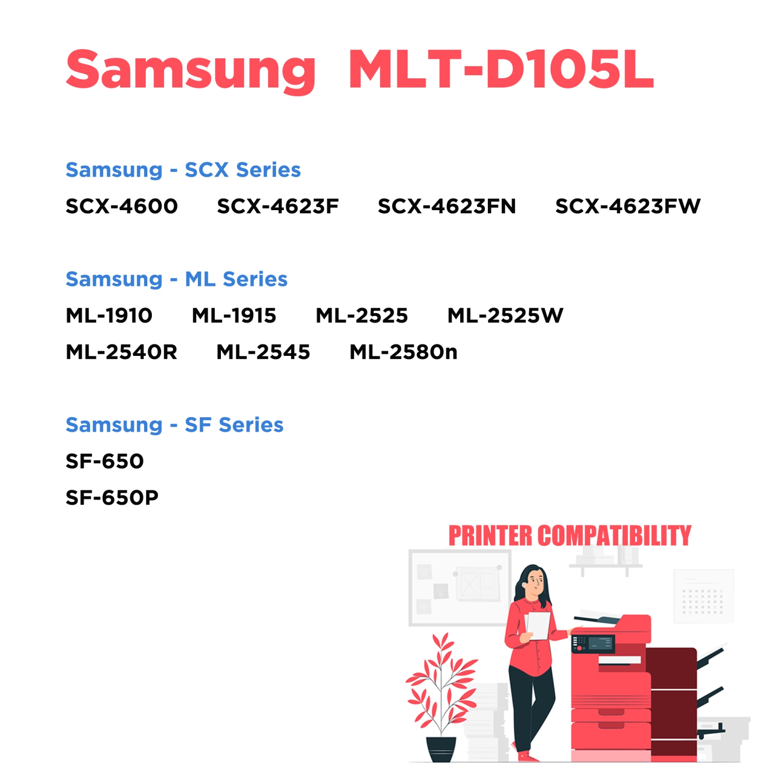 Printer Pro™ Samsung MLT-D105L Compatible Black Toner Cartridge-Samsung Printer ML-1910/SCX-4600/ML-2525