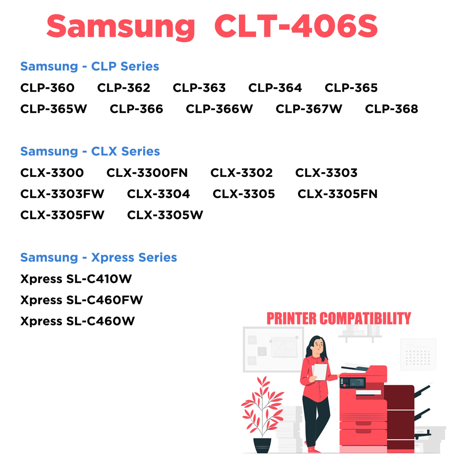Printer Pro™ 4 COLORS SET- Samsung 406/CLT-406/CLT406S BK/M/Y/C Toner Cartridge-Samsung Printer CLP-365/CLX-3305/C410