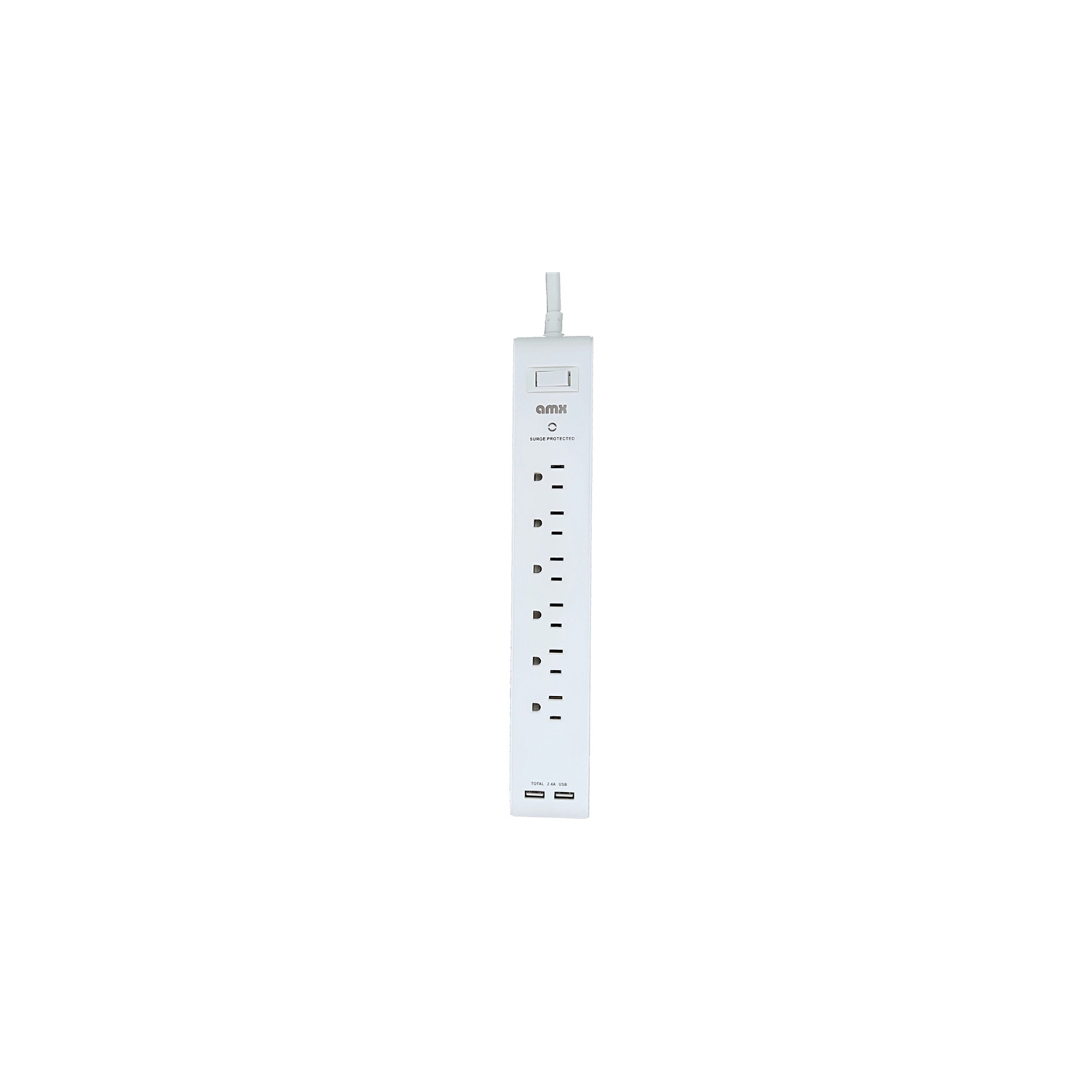 AMX PA-18 Power Bar Power Strip with Surge Protector, 6 Outlets 2 USB Ports 2.4A White