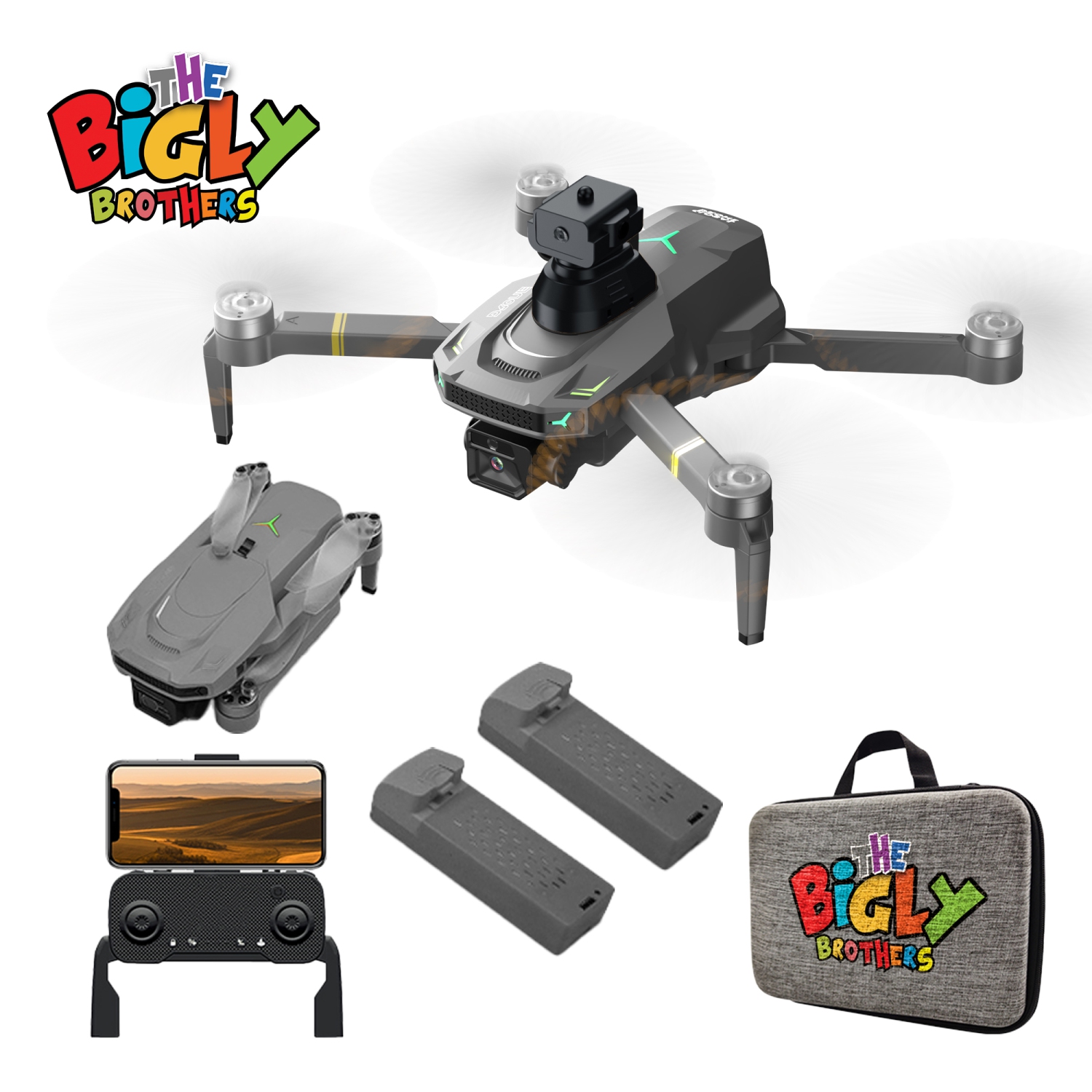 The Bigly Brothers E58 X Pro LITE: 2K Drone with Camera plus Carrying Case and 2 Batteries. Ready to fly, No Assembly Required.