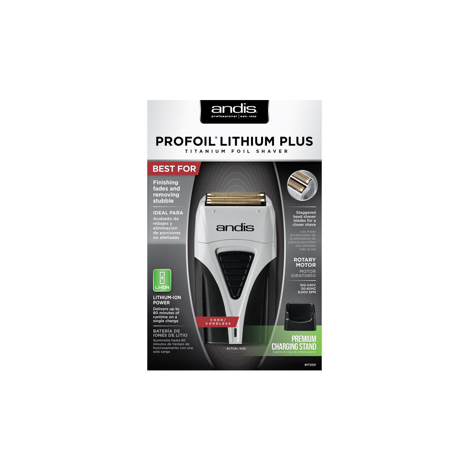 Le rasoir à grille professionnel ProFoil lithium plus Titanium d’Andre n° AN17200 est fourni avec un socle de chargement de qualité supérieure