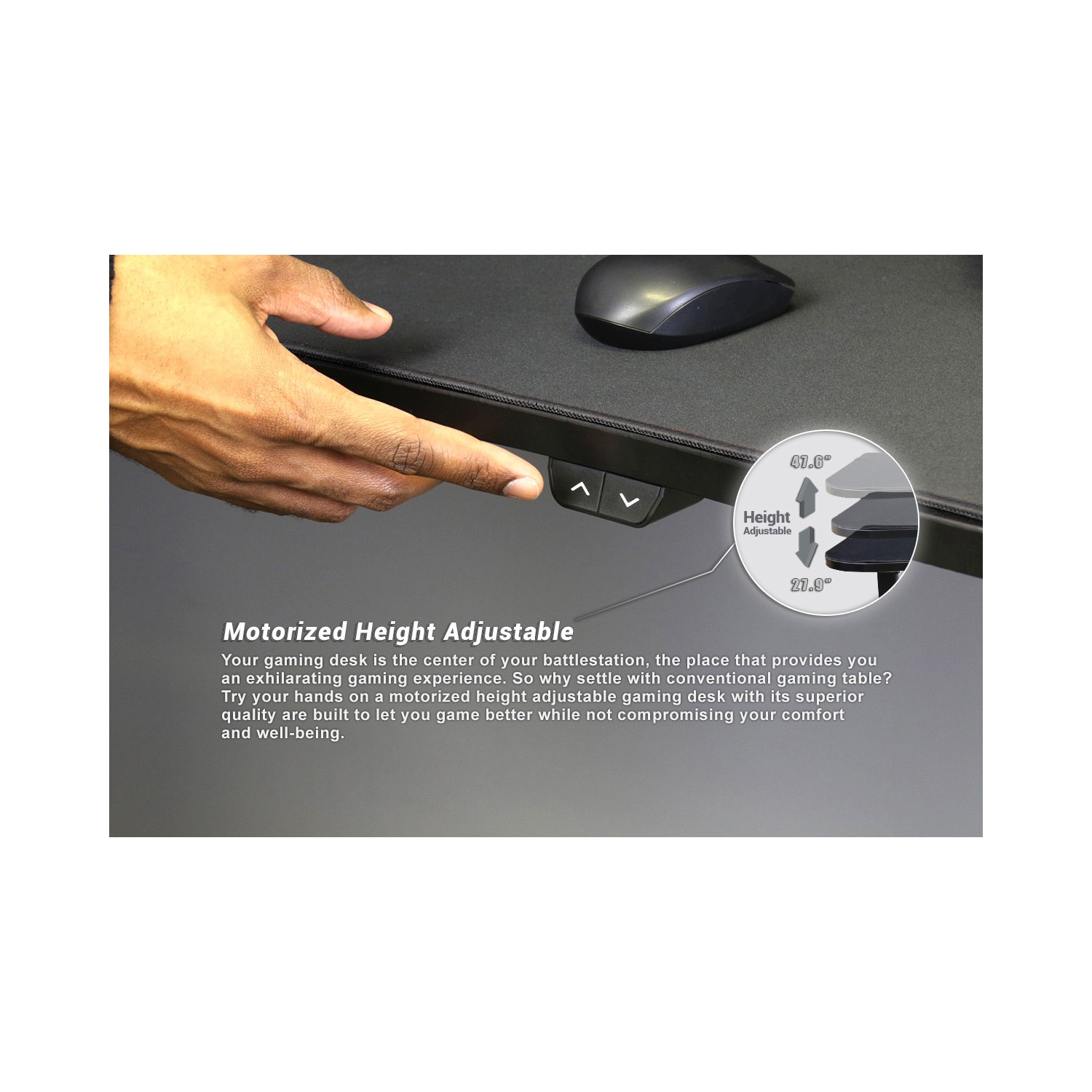 Bureau de jeu/PC motorisé à hauteur réglable de 55 po FS-M55-WH de Boost Industries avec tapis de jeu pleine surface