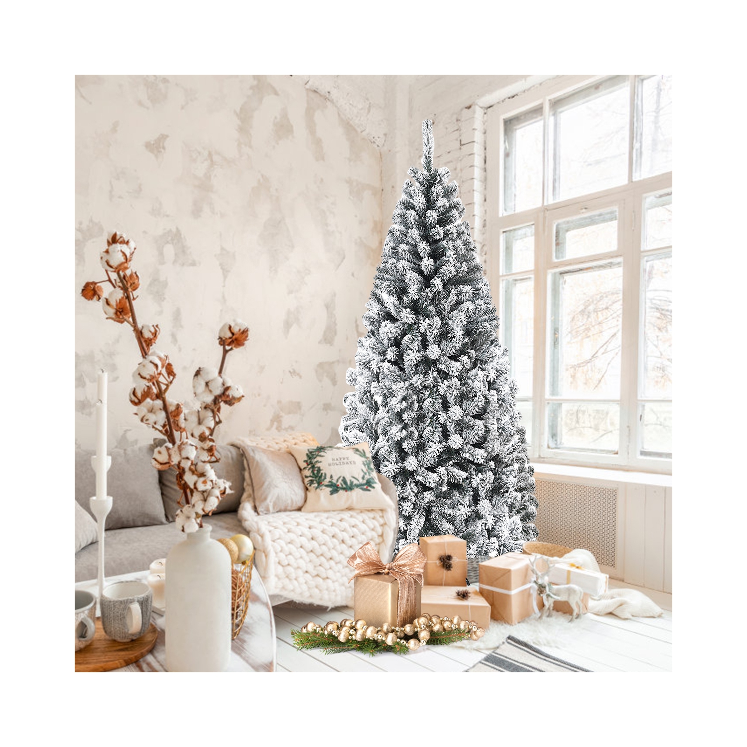 Costway 6ft Premium Snow Flocked Hinged Artificial Christmas Tree Unlit w/ Metal Stand