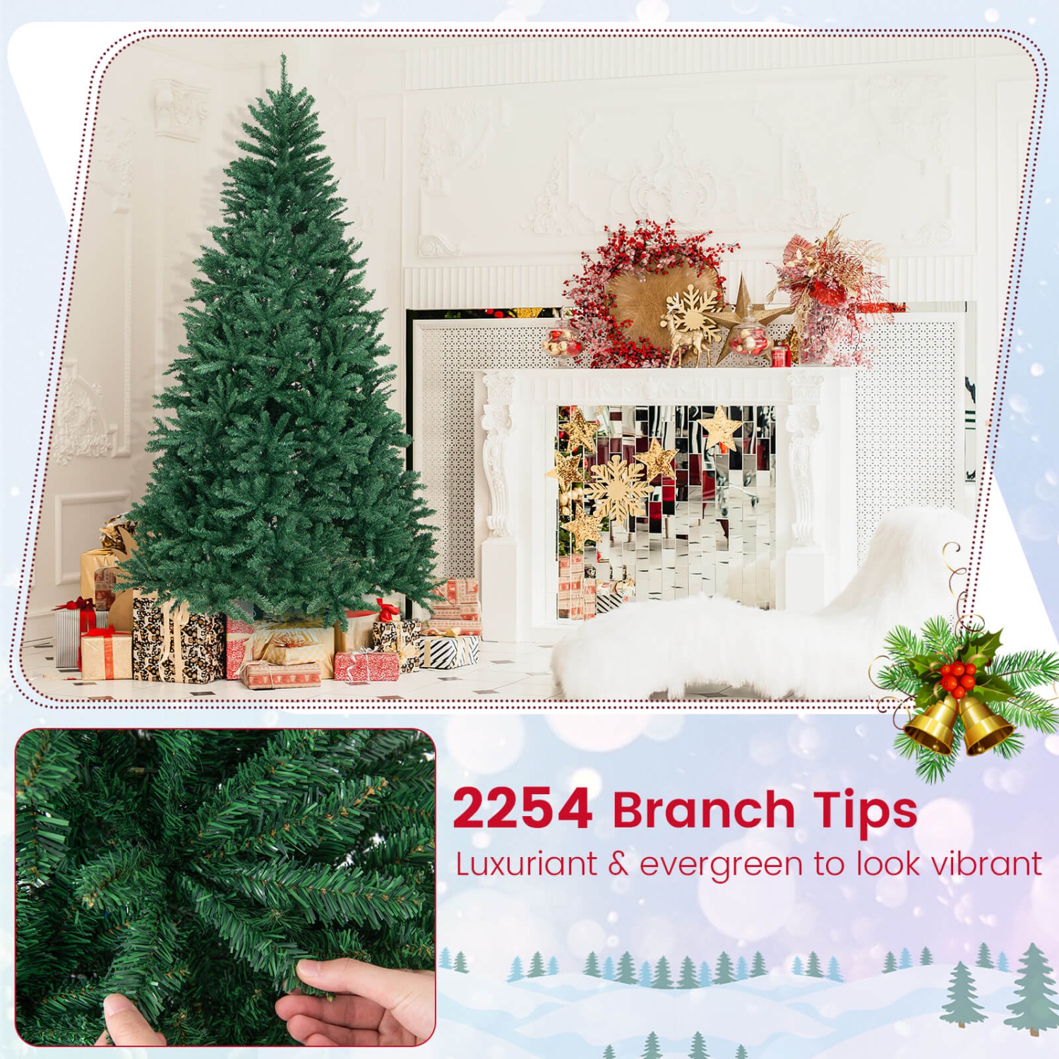 Costway 7.5FT Hinged Christmas Tree Unlit Artificial Xmas Decoration w/ 2254 Branch Tips