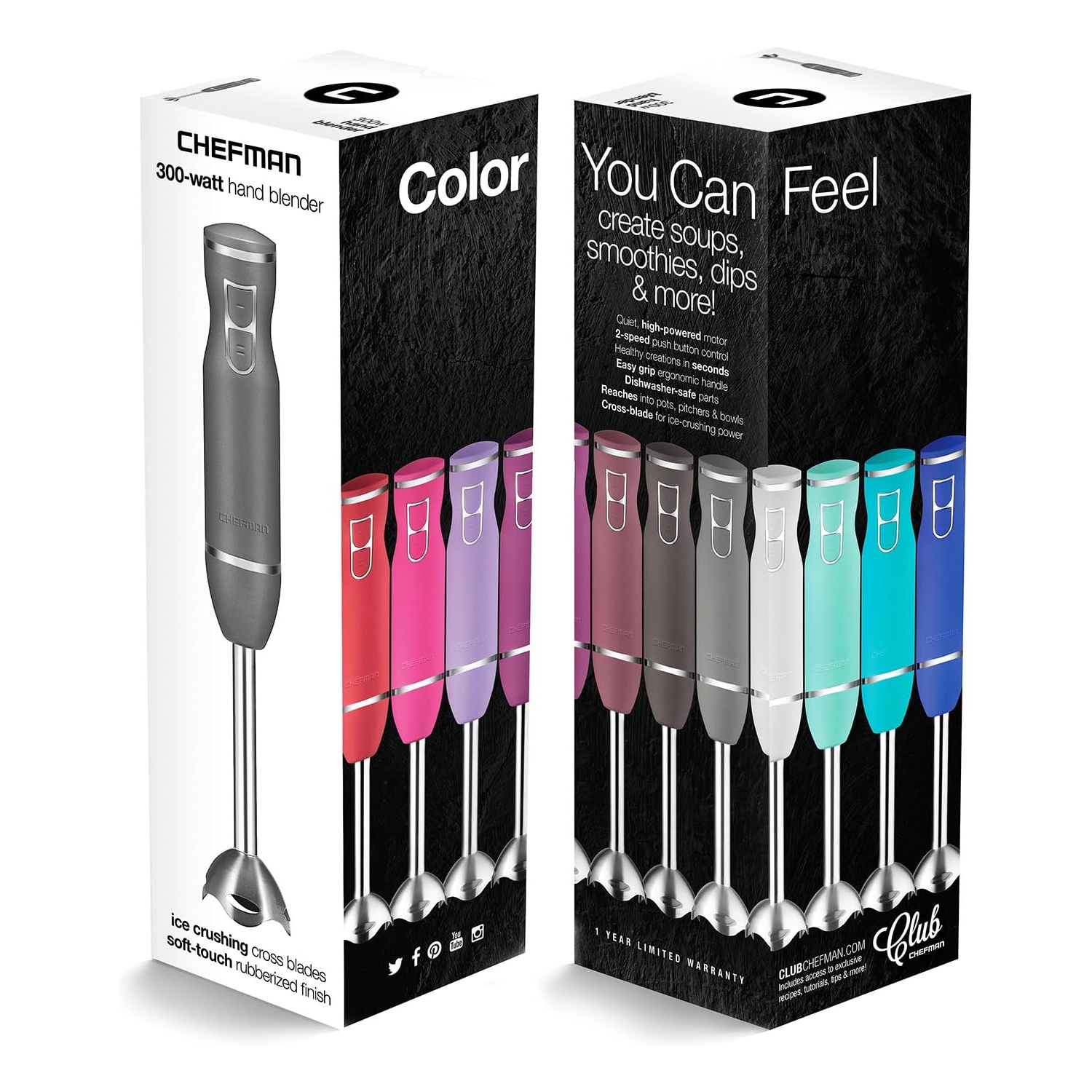 Chefman Immersion Stick Blender with 300W Motor, 2-Speed Control, Stainless Steel Blades and Soft Touch Grip One Hand Mixer, Silver