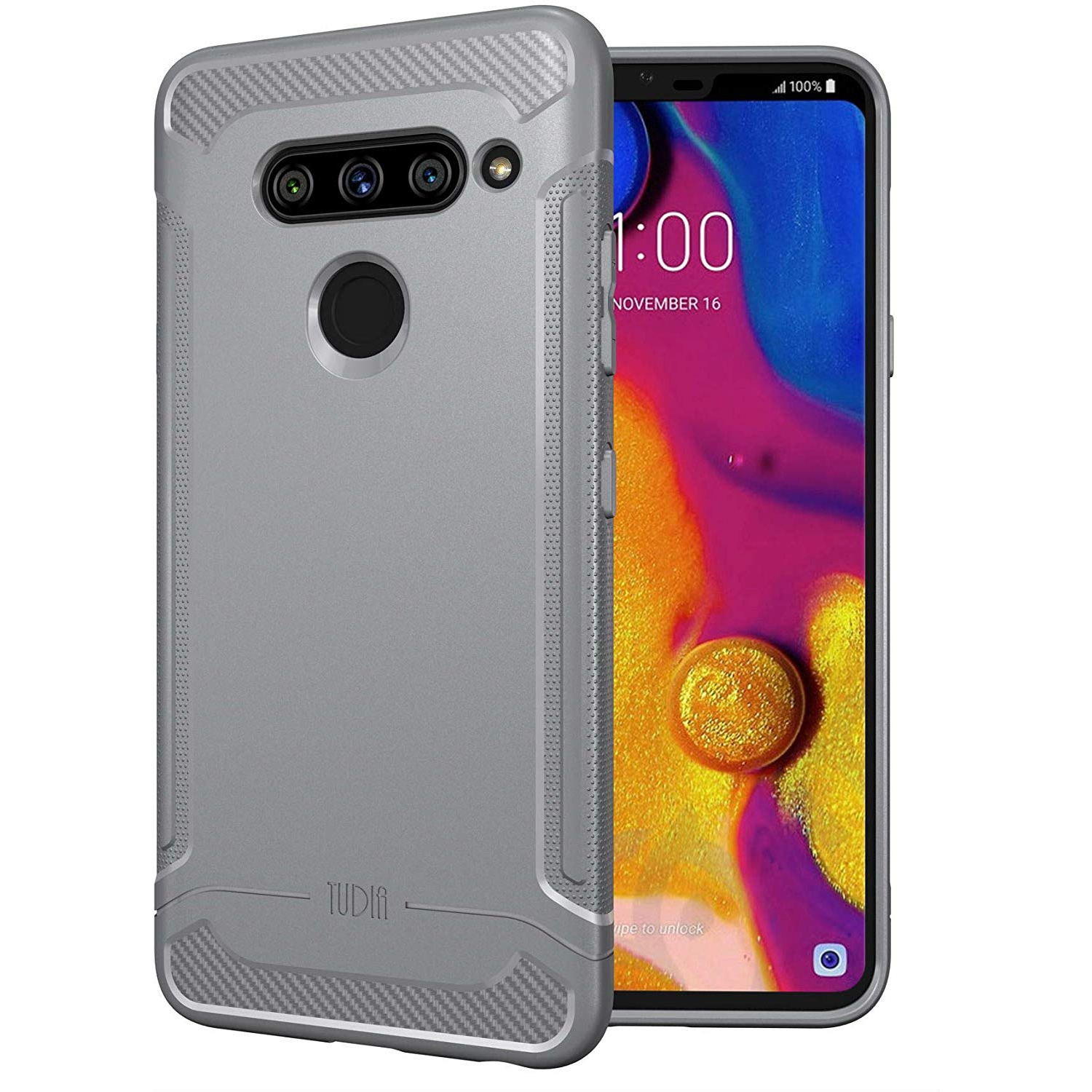 TUDIA Ultra Slim Lightweight [Linn] TPU Bumper Shock Absorption with Clicky Buttons Cover LG V40 ThinQ (Gray)