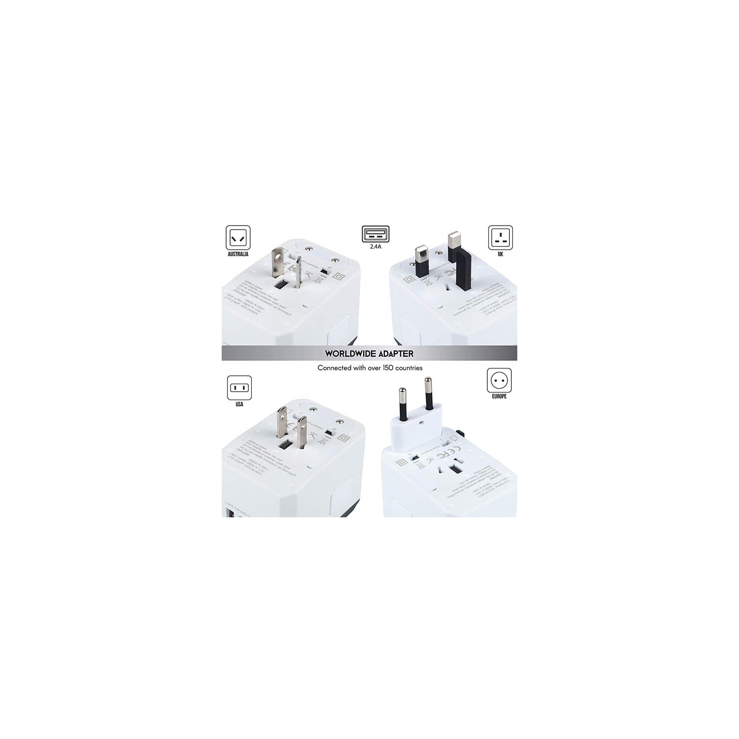 Raxxio Universal Travel Adapter Plug with USB Type C 2.4A 4 USB Ports