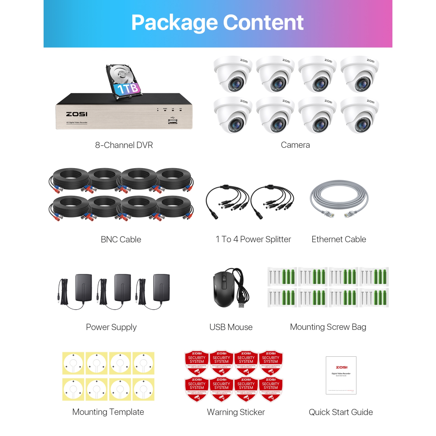 ZOSI H.265+ 8CH 5MP Lite DVR Home Security Camera System with 1TB HDD, 8pcs 1080P FHD Dome Wired Outdoor Surveillance Cameras, 80ft Night Vision,