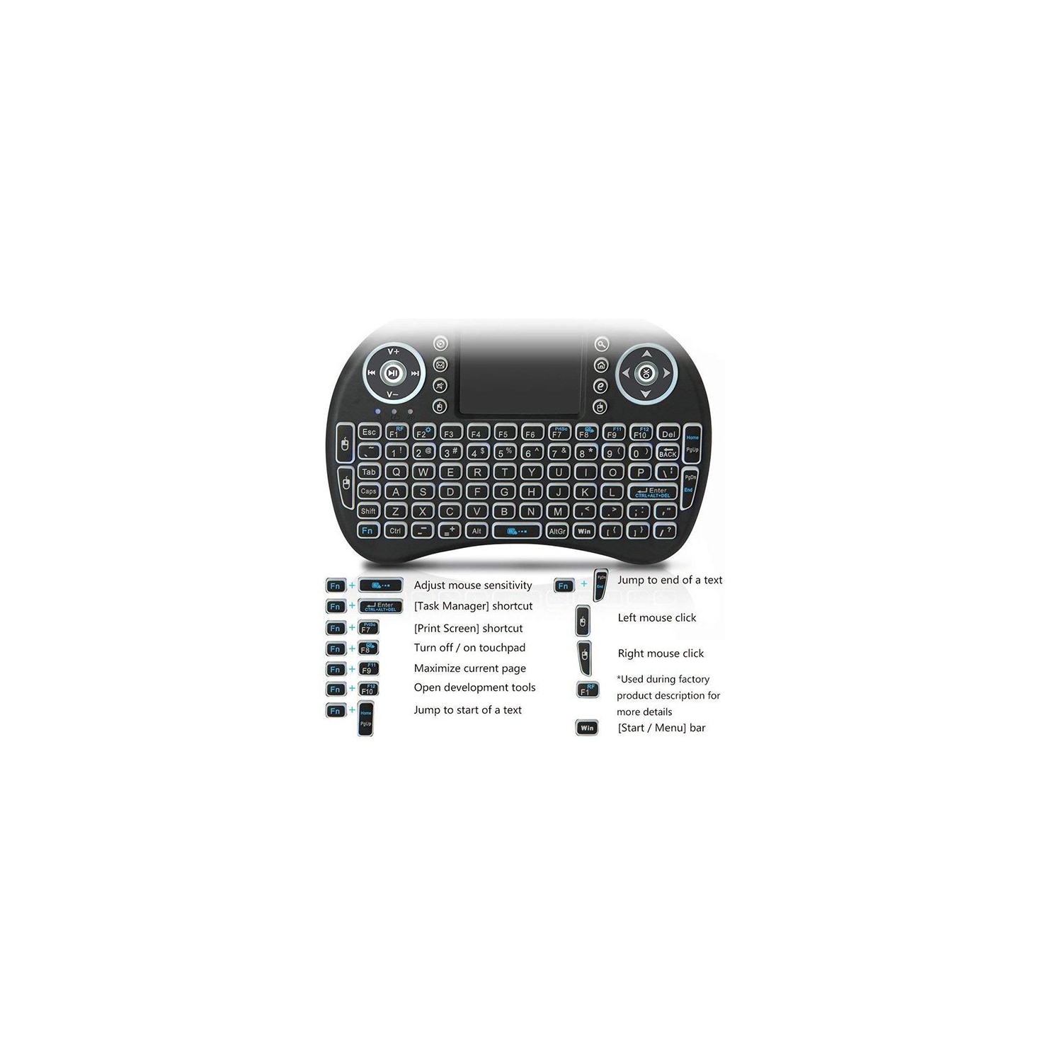 Raxxio Mini Wireless Keyboard with Touchpad Mouse 2.4GHz LED-Backlit