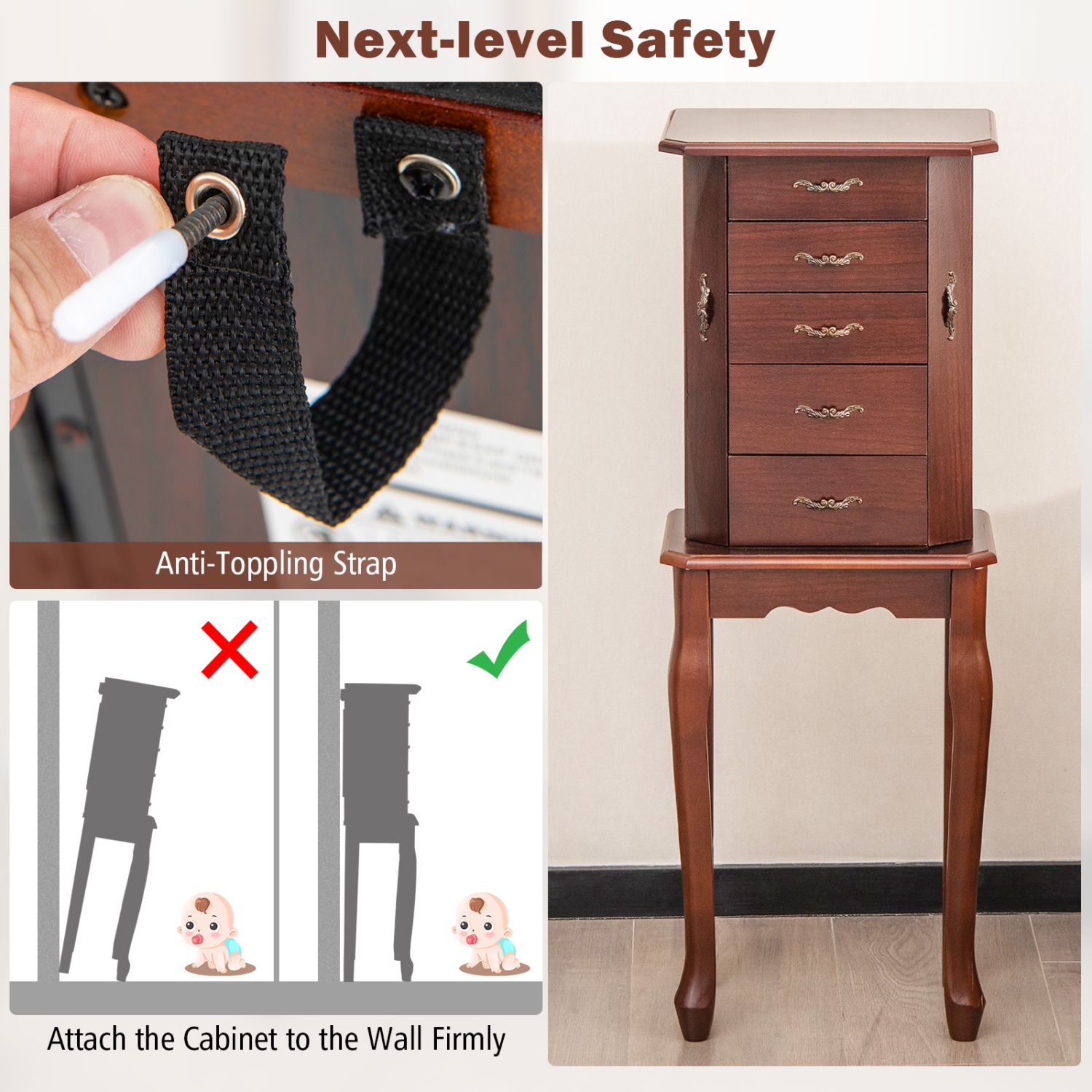 Costway Jewelry Cabinet Armoire Storage Chest Stand Organizer Wood Box Walnut