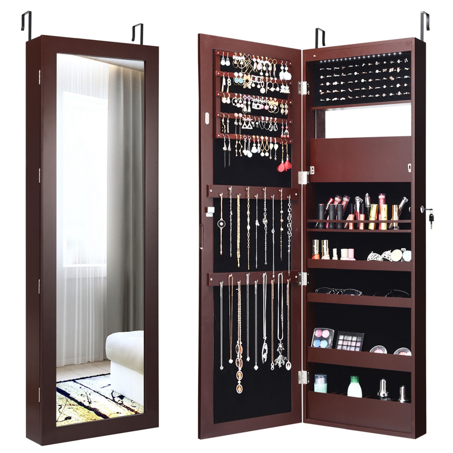 Costway Lockable Wall Door Mounted Mirror Jewelry Cabinet Armoire Organizer w/LED Lights