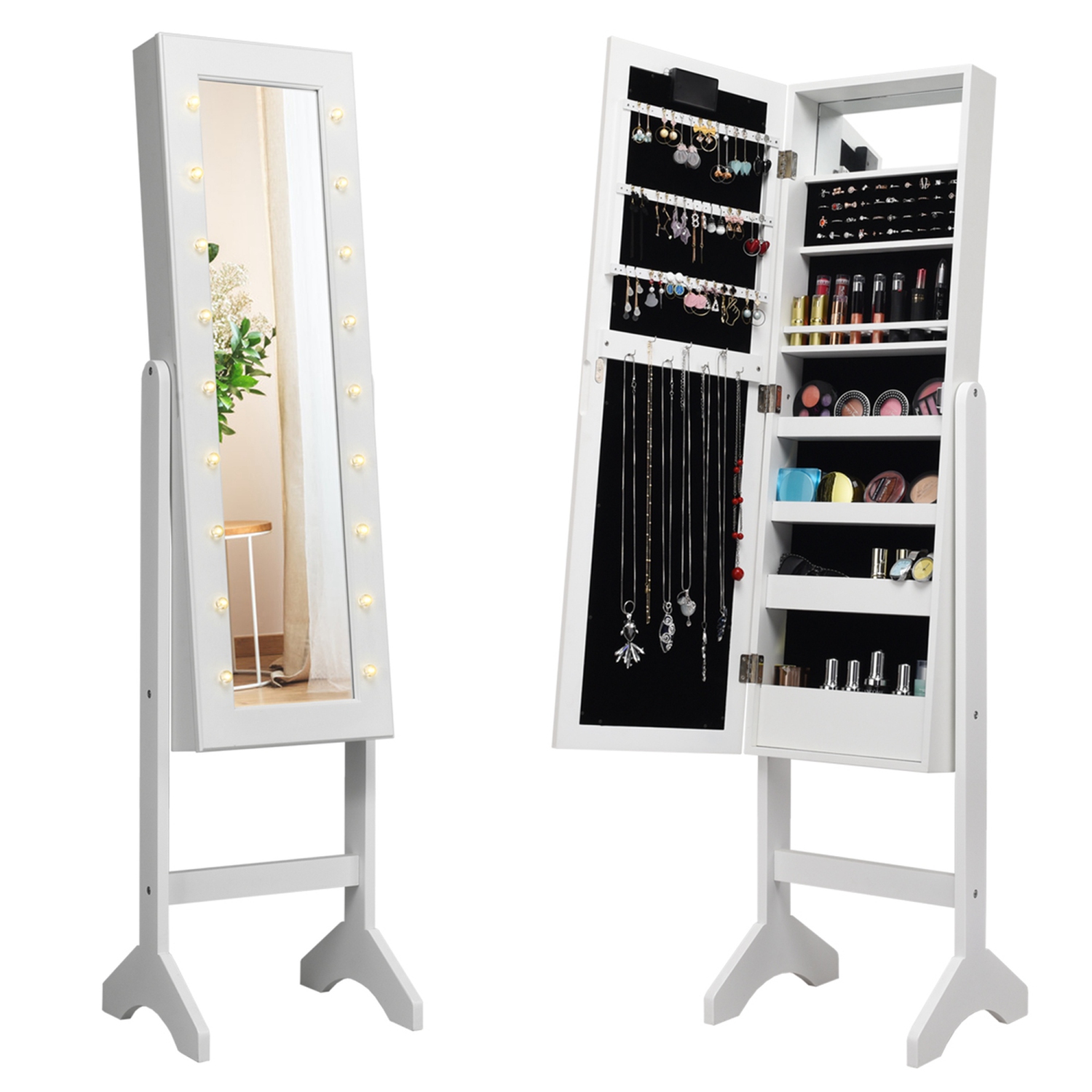 Armoire de bijoux en miroir Armoire Organisateur autoportant avec 18 lumières LED blanc