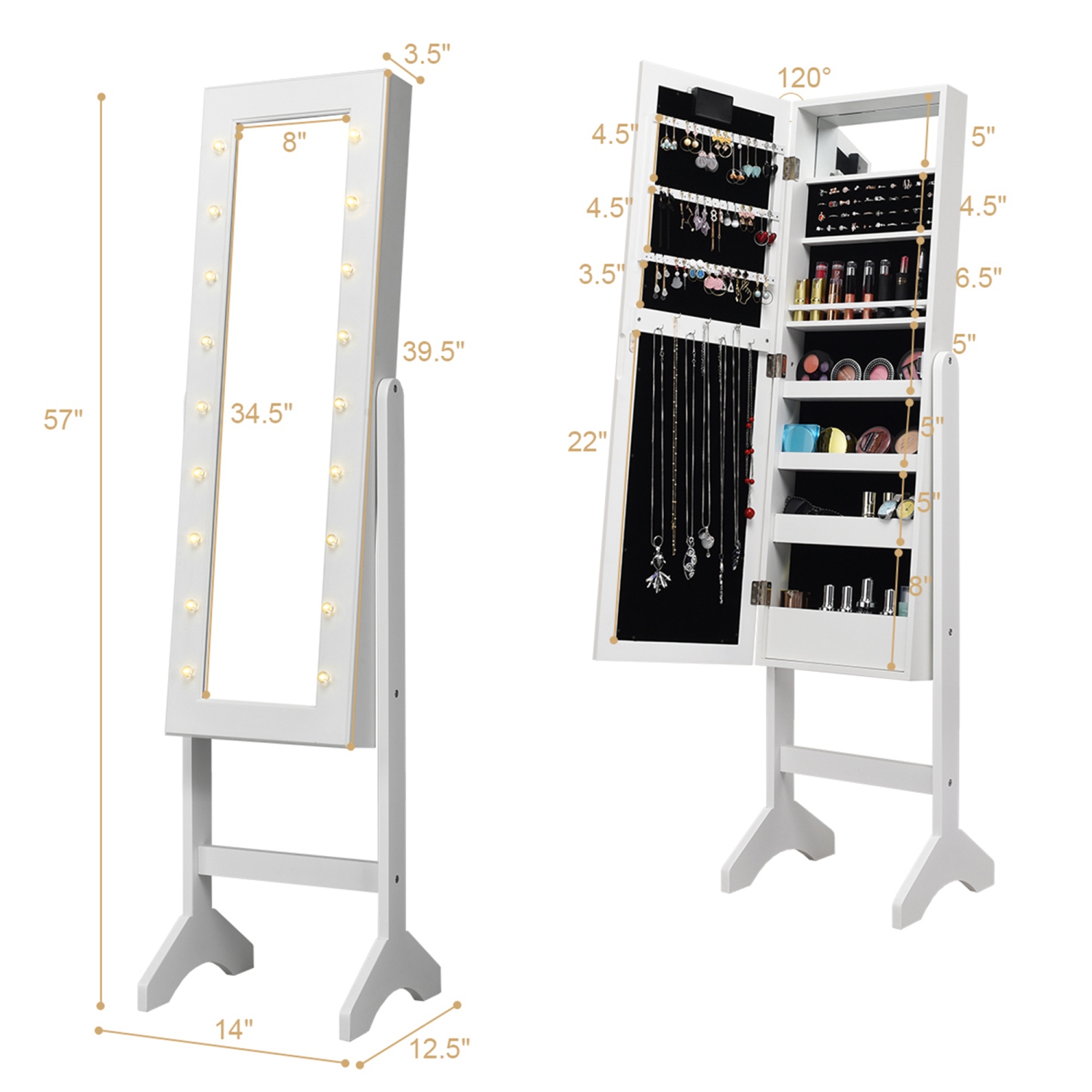 Armoire de bijoux en miroir Armoire Organisateur autoportant avec 18 lumières LED blanc