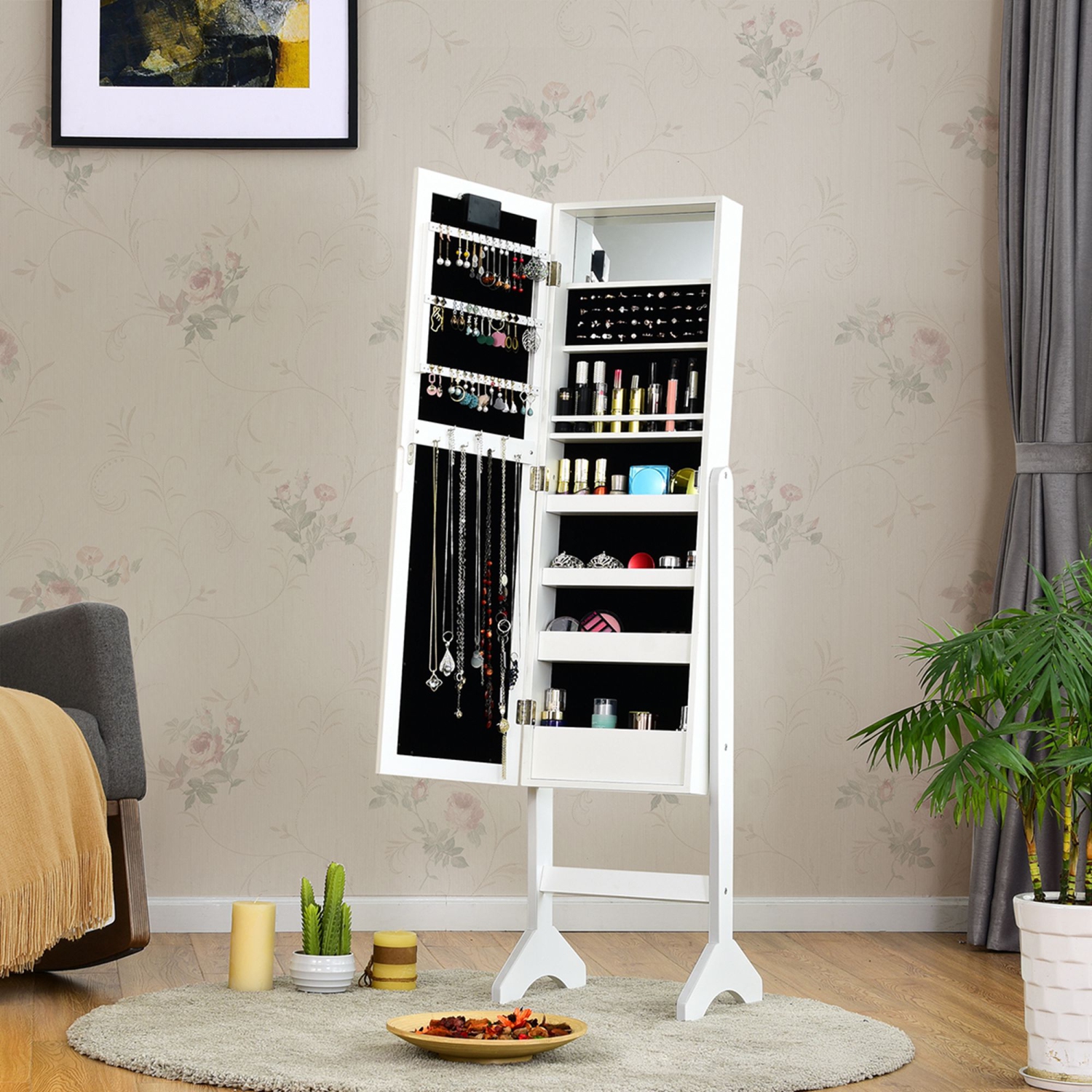 Armoire de bijoux en miroir Armoire Organisateur autoportant avec 18 lumières LED blanc