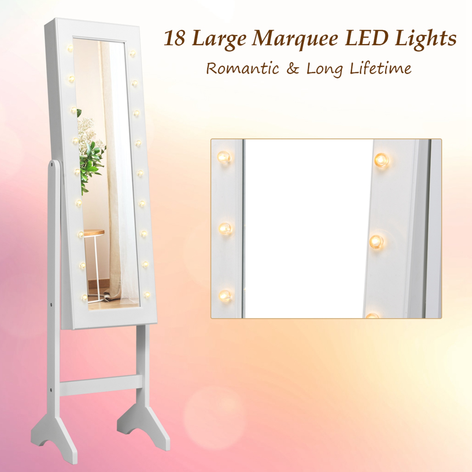 Armoire de bijoux en miroir Armoire Organisateur autoportant avec 18 lumières LED blanc