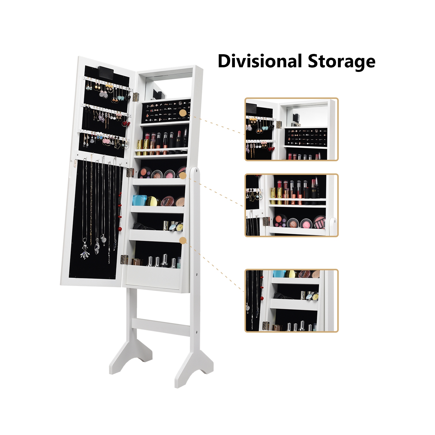 Armoire de bijoux en miroir Armoire Organisateur autoportant avec 18 lumières LED blanc