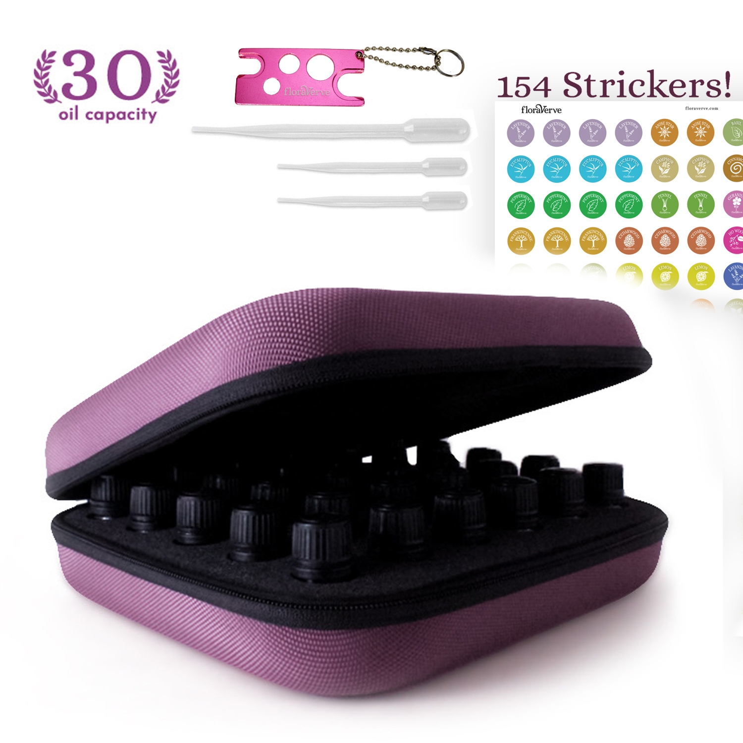 floraVerve Huiles essentielles Housse de transport, Ouvre-bouteilles et autocollant de chapeau