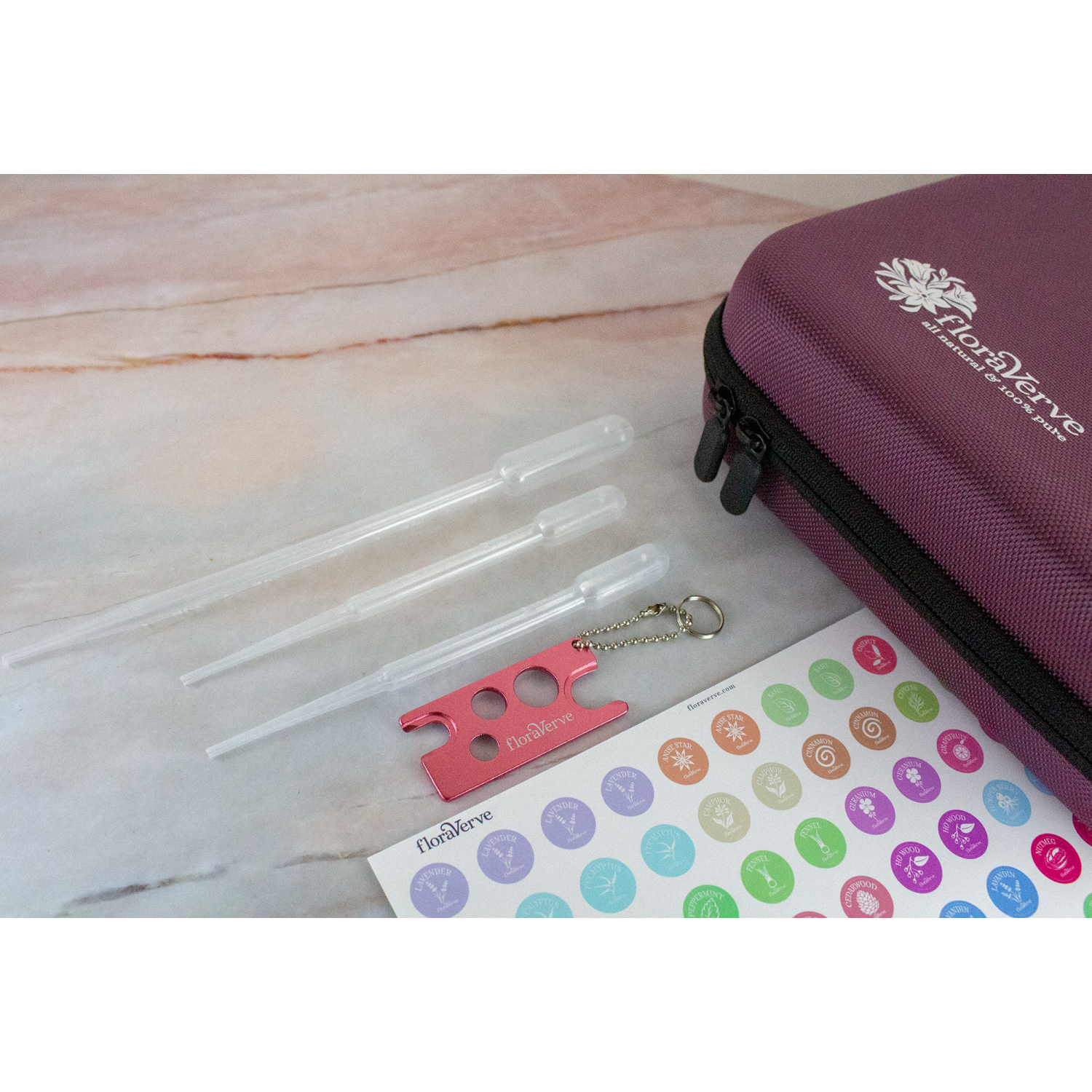 floraVerve Huiles essentielles Housse de transport, Ouvre-bouteilles et autocollant de chapeau