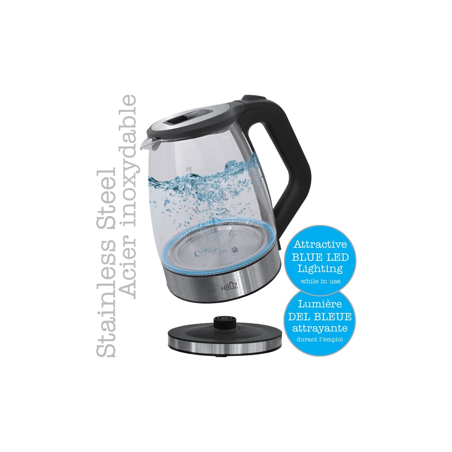 Hauz AGK666 1.7L Stainless Steel Cordless Glass Kettle with LED Base Black