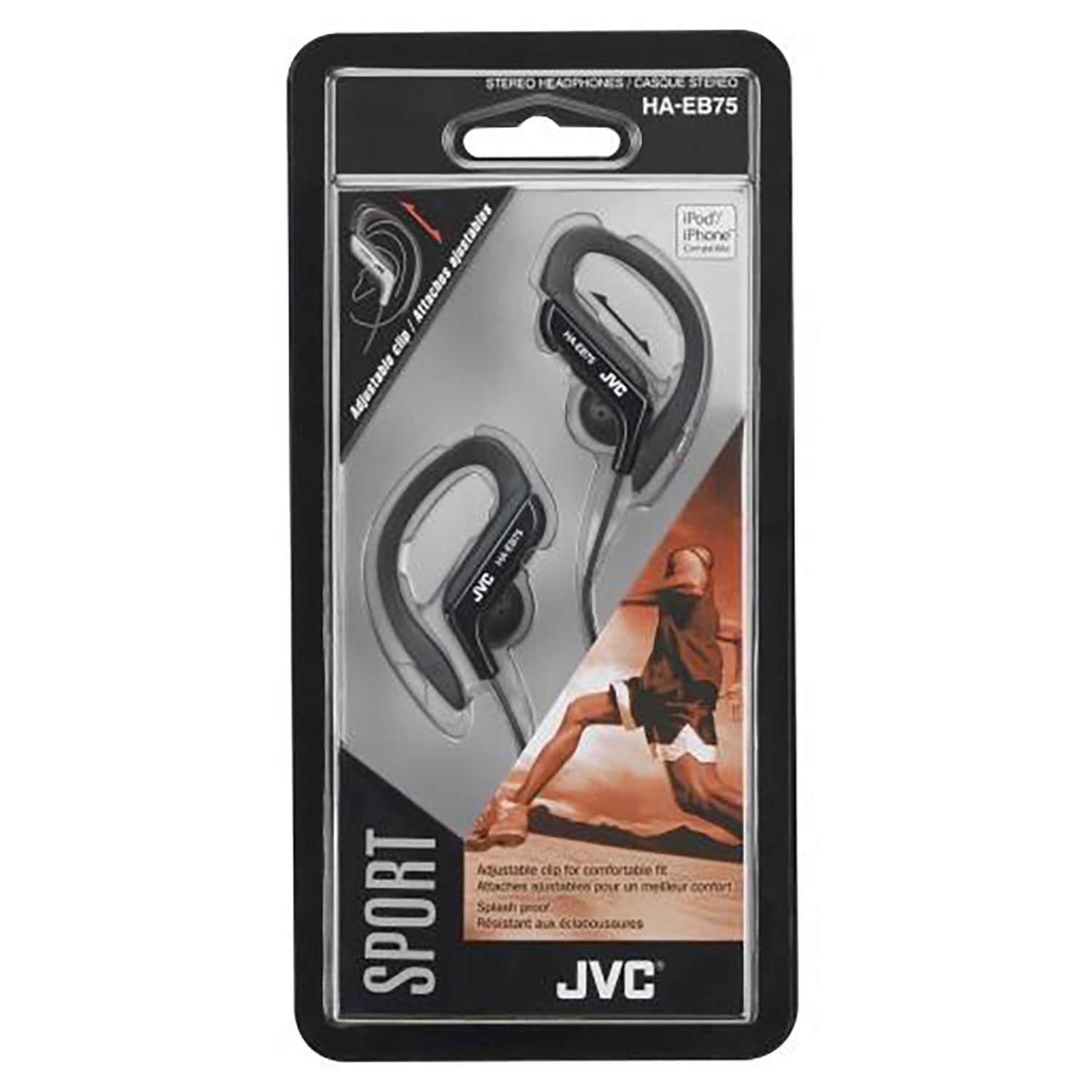 JVC – Écouteurs bouton sport avec pince d'oreille réglable, noir