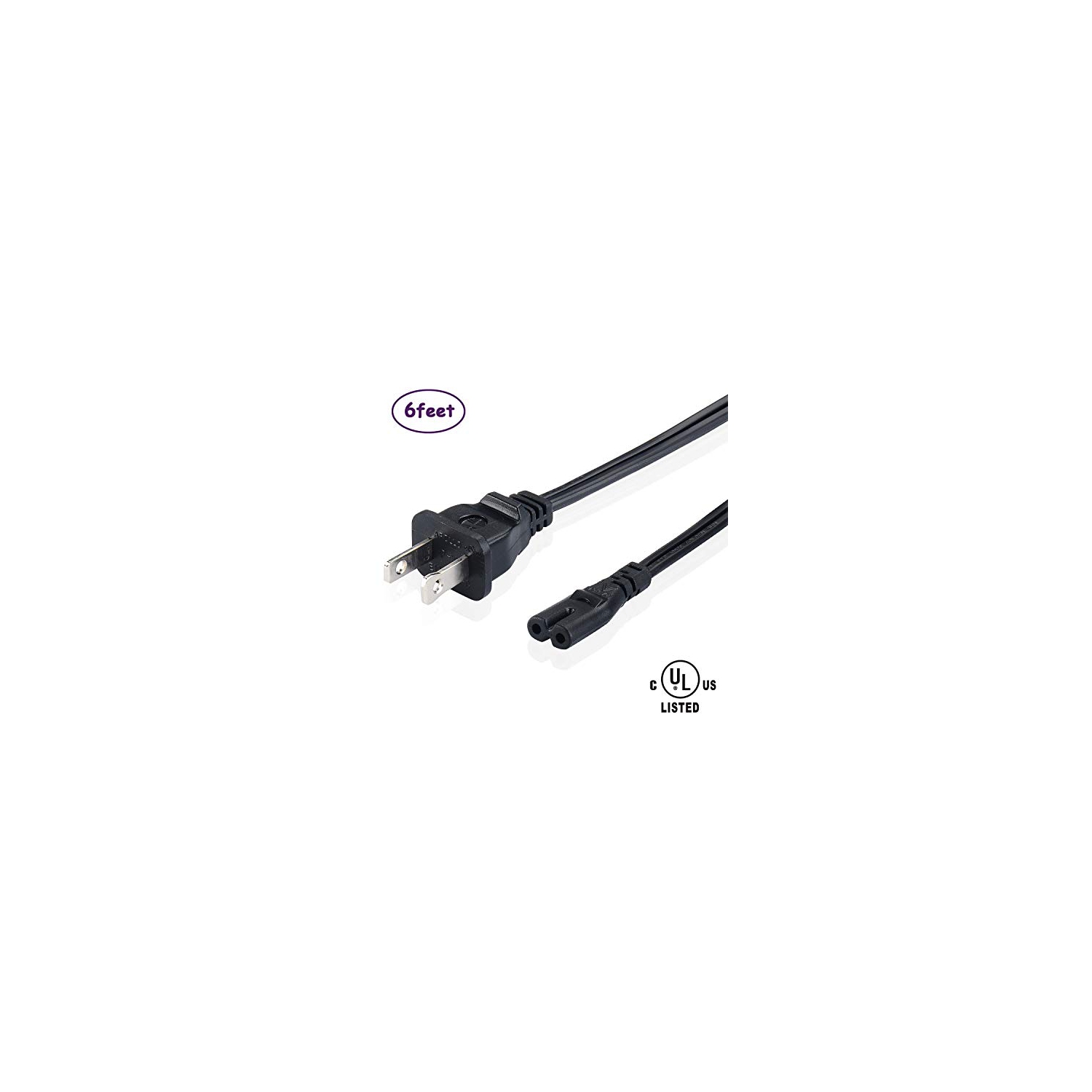 2-Slot UL Certified Power Cord 2 Prong AC Wall Cable for LED LCD TV Samsung LG Sharp Canon Pixma Hp Brother Epson