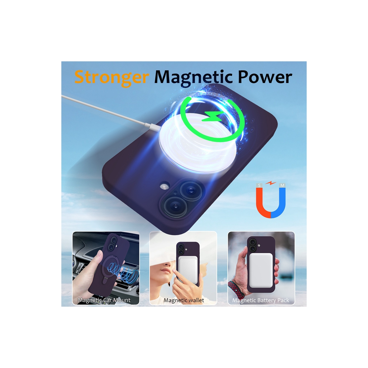 TopSave Magnetic Ring Stand Liquid Silicone Slim Thin Shockproof Protective Cover for iPhone 16 Plus 6.7", Dark Purple