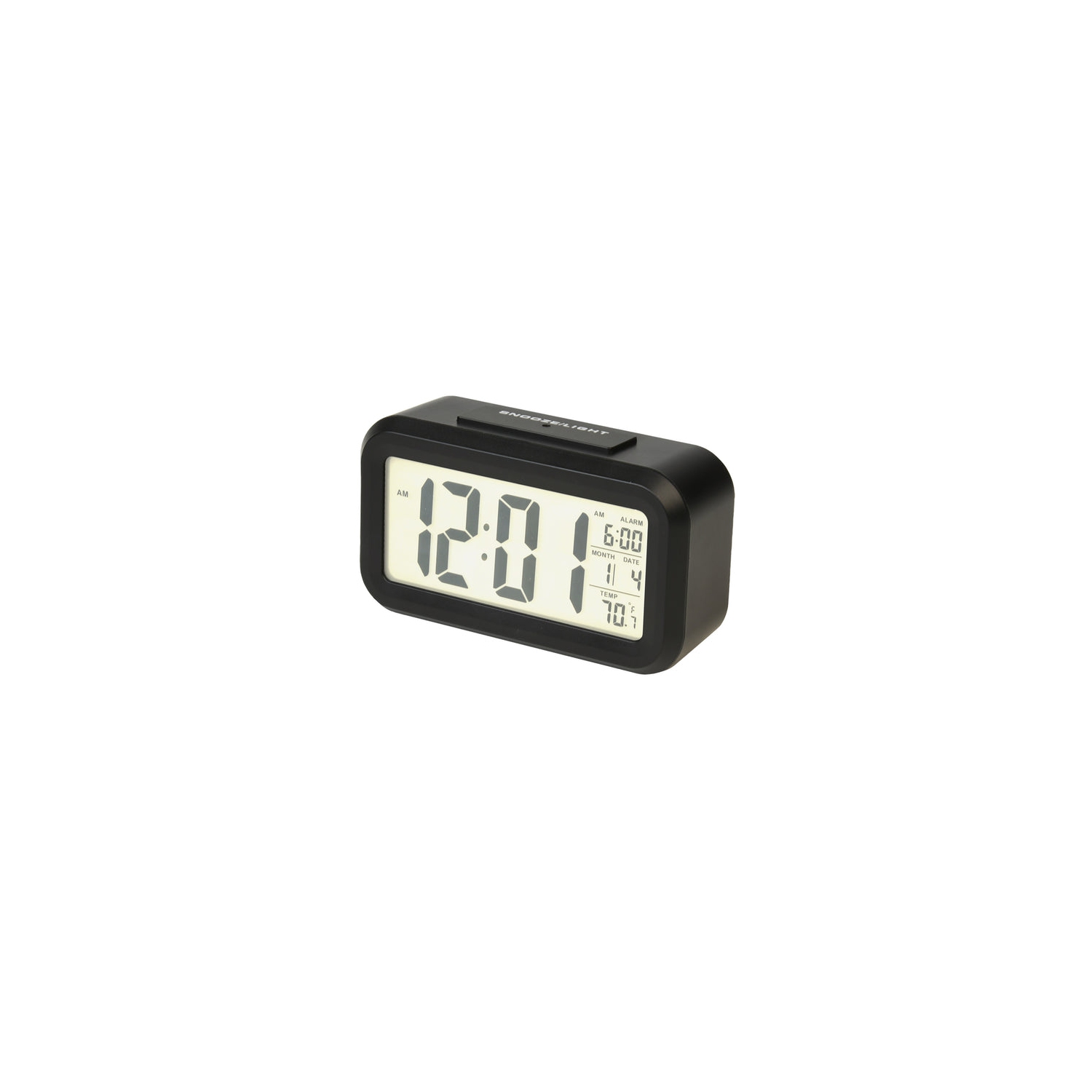 RCA Portable Alarm Clock with Auto Night Light Sensor, Temperature, & Calendar - Black