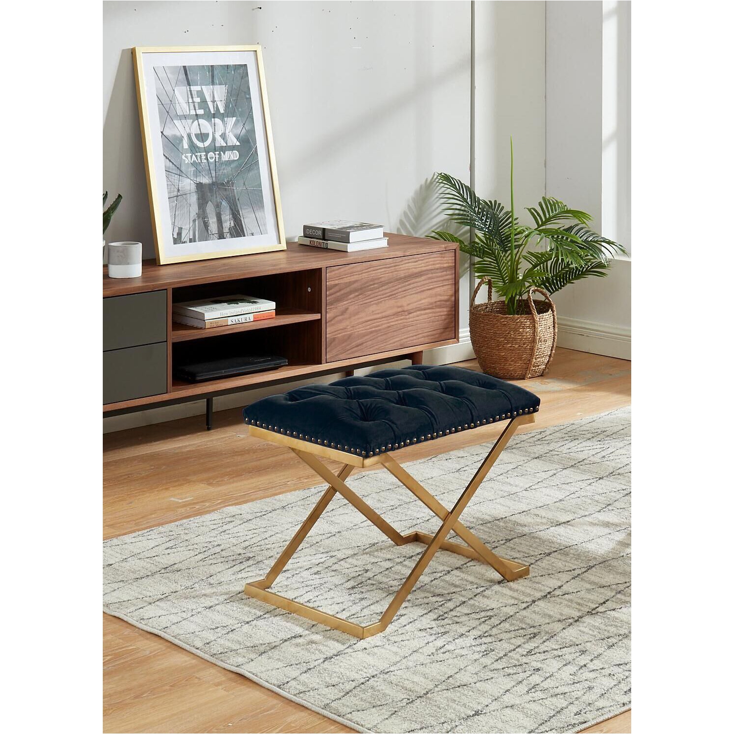 IMPERIAL TUFTED OTTOMAN WITH GOLDEN X BASE