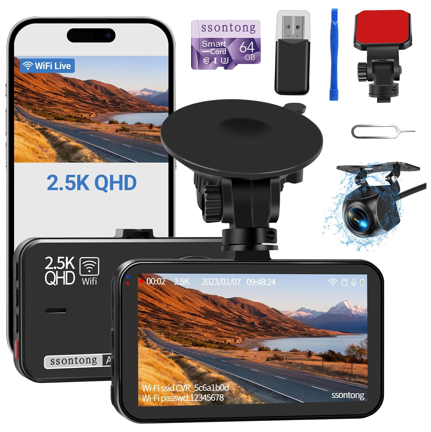 Dash Cam Front and Rear Camera WiFi/APP Control Dashcam W/ 64GB Card, 2.5K Dash Cam Front + 1080P Rear Car Camera W/Super Night Vision, Loop Recording, G-Sensor, Max Support 256GB