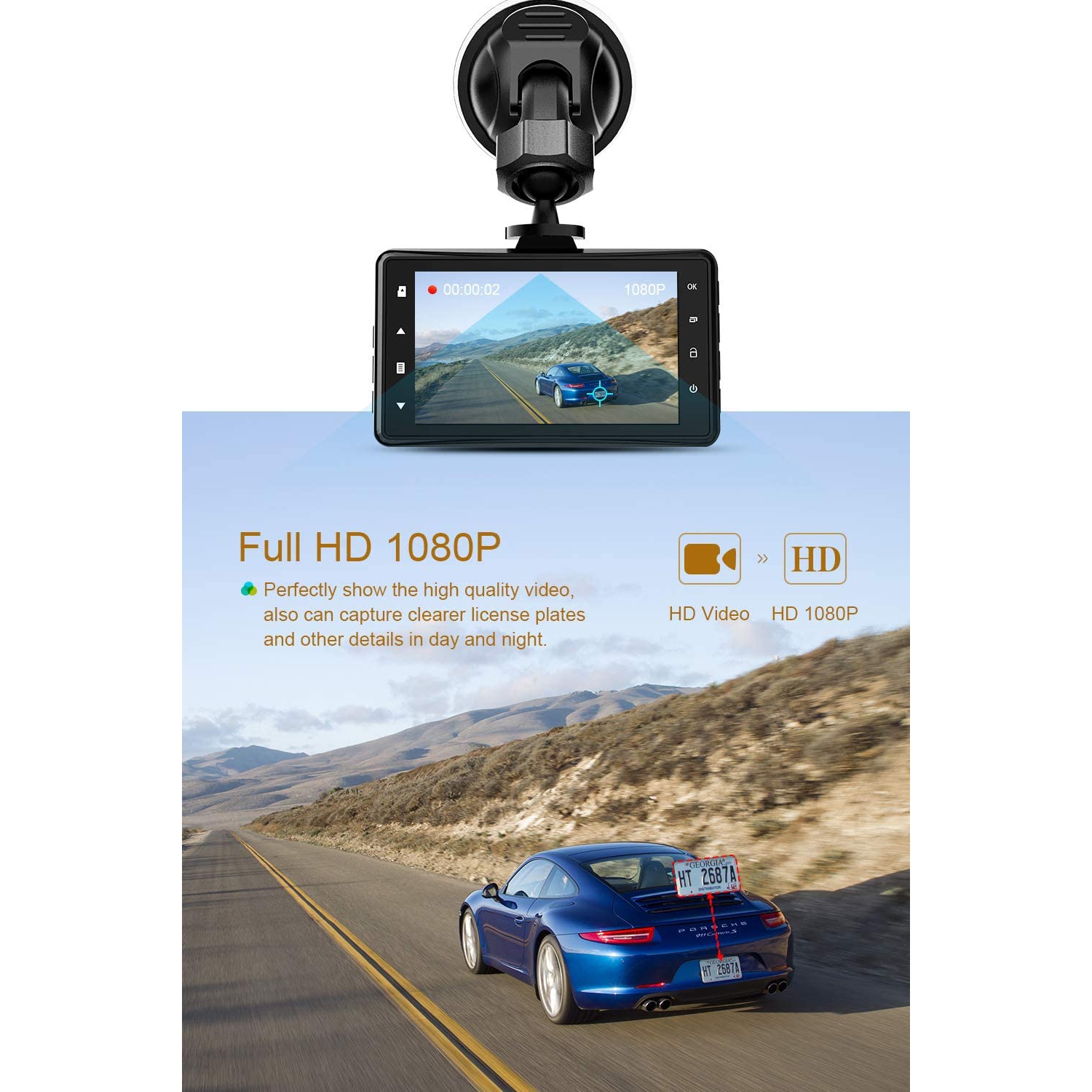 Caméra de tableau de bord HD intégrale 1080p pour l’auto, enregistreur vidéo de 3 po pour la conduite automobile avec Super Night Vision, 170°