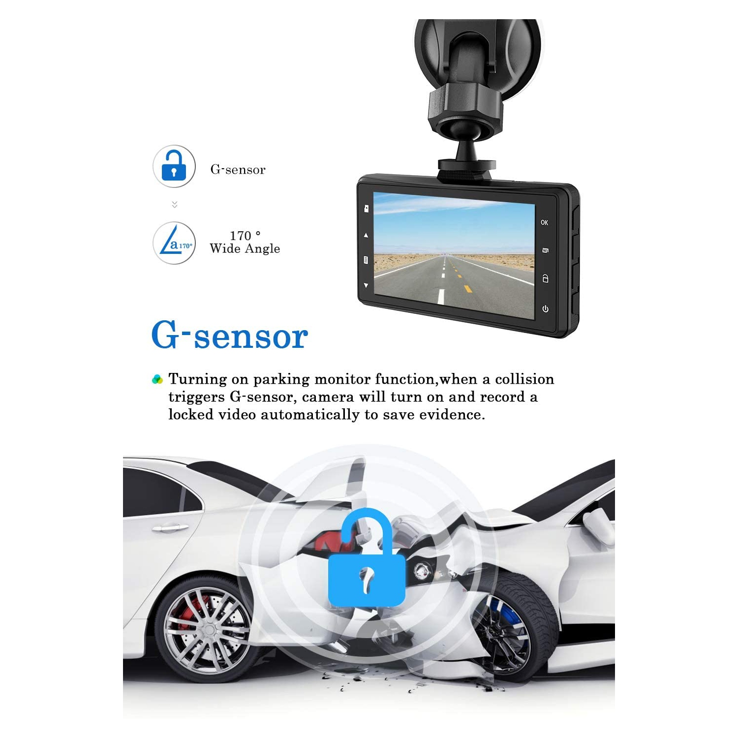 Caméra de tableau de bord HD intégrale 1080p pour l’auto, enregistreur vidéo de 3 po pour la conduite automobile avec Super Night Vision, 170°