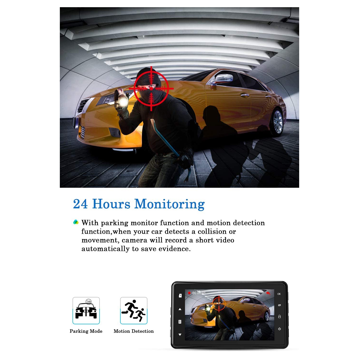 Caméra de tableau de bord HD intégrale 1080p pour l’auto, enregistreur vidéo de 3 po pour la conduite automobile avec Super Night Vision, 170°