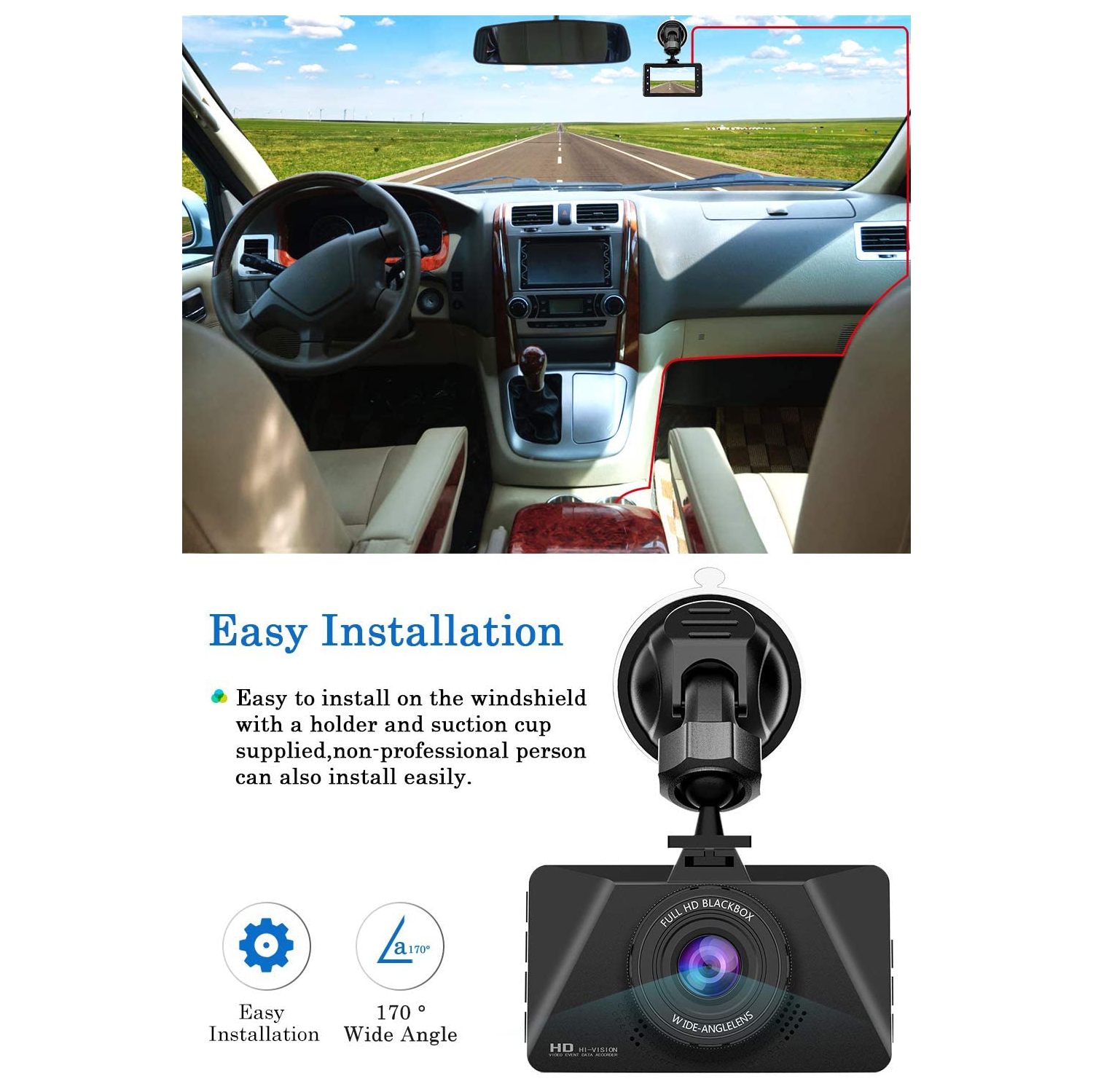 Caméra de tableau de bord HD intégrale 1080p pour l’auto, enregistreur vidéo de 3 po pour la conduite automobile avec Super Night Vision, 170°