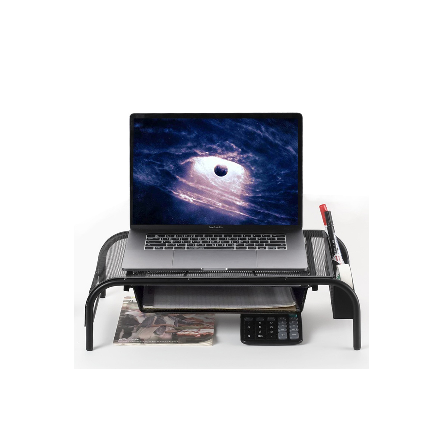 Desk Monitor / Laptop Stand Riser with Pull Out Drawer and Side Compartments to Keep Pencil, Pen, Phone, Calculator, Files, and Other Small