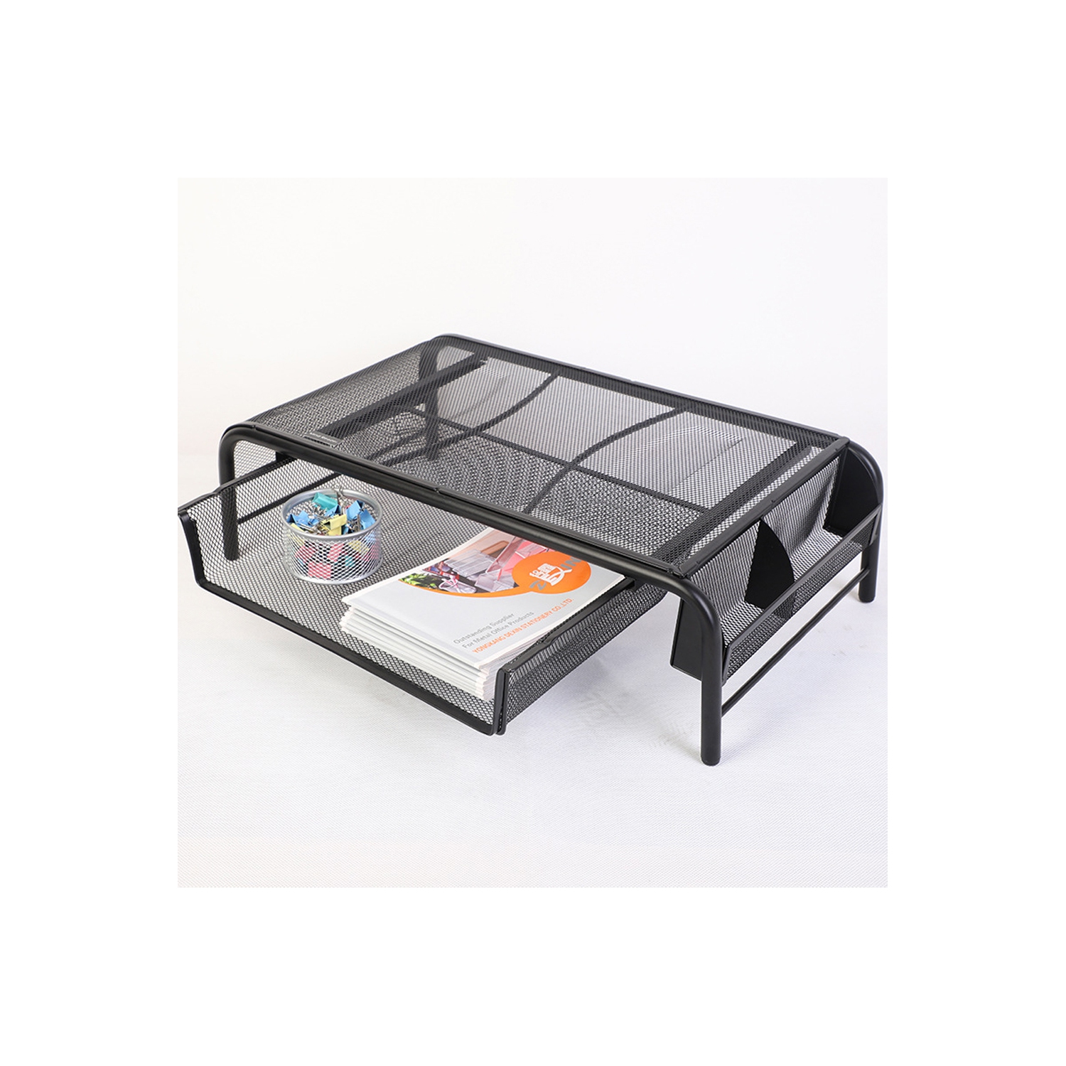 Desk Monitor / Laptop Stand Riser with Pull Out Drawer and Side Compartments to Keep Pencil, Pen, Phone, Calculator, Files, and Other Small