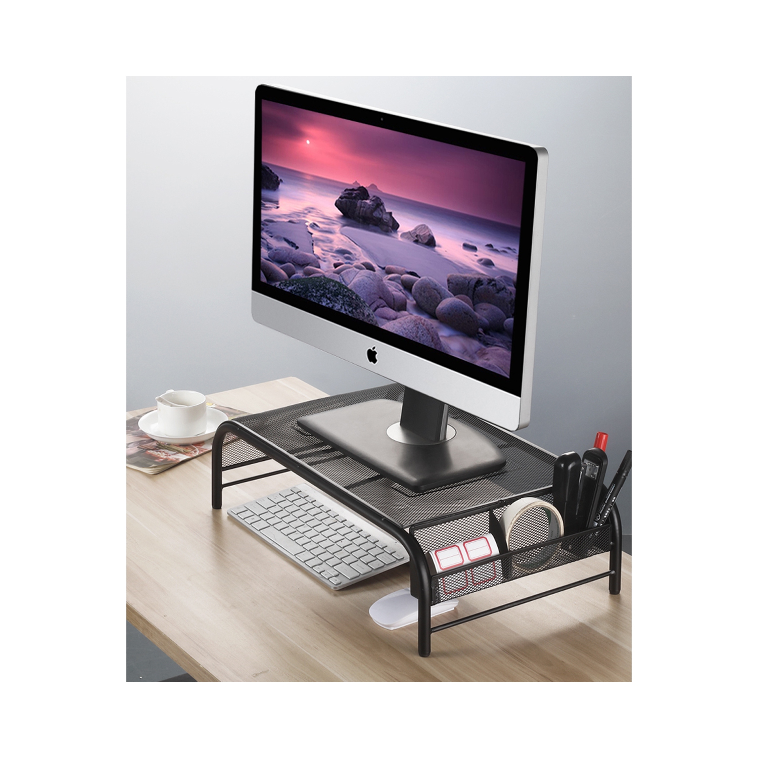 Desk Monitor / Laptop Stand Riser with Pull Out Drawer and Side Compartments to Keep Pencil, Pen, Phone, Calculator, Files, and Other Small