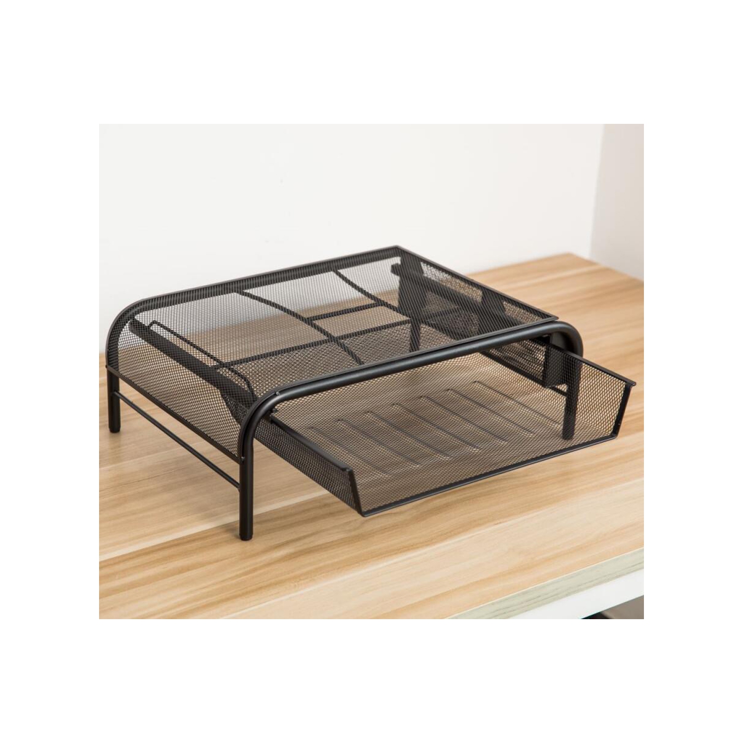 Desk Monitor / Laptop Stand Riser with Pull Out Drawer and Side Compartments to Keep Pencil, Pen, Phone, Calculator, Files, and Other Small