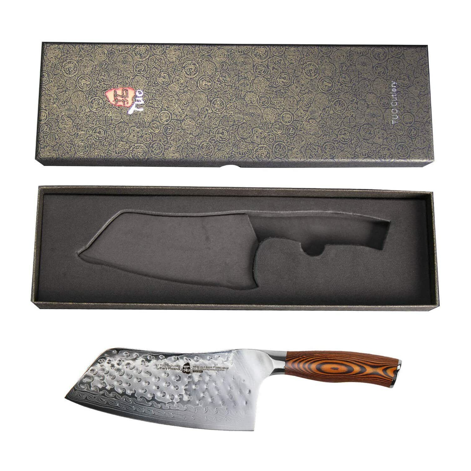 TUO Cutlery Cleaver Knife 7" Japanese AUS-10 Steel Chinese Chef's Knife Ergonomic Pakkawood Handle Fiery Phoenix Series