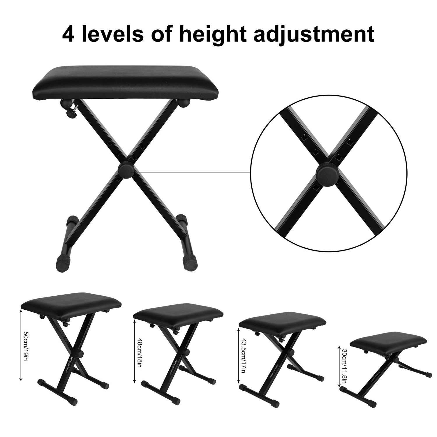 PrimeCables X style Adjustable Padded Piano Keyboard Bench Seat with Rubber Feet, Folding Chair Piano Bench Stools, Black