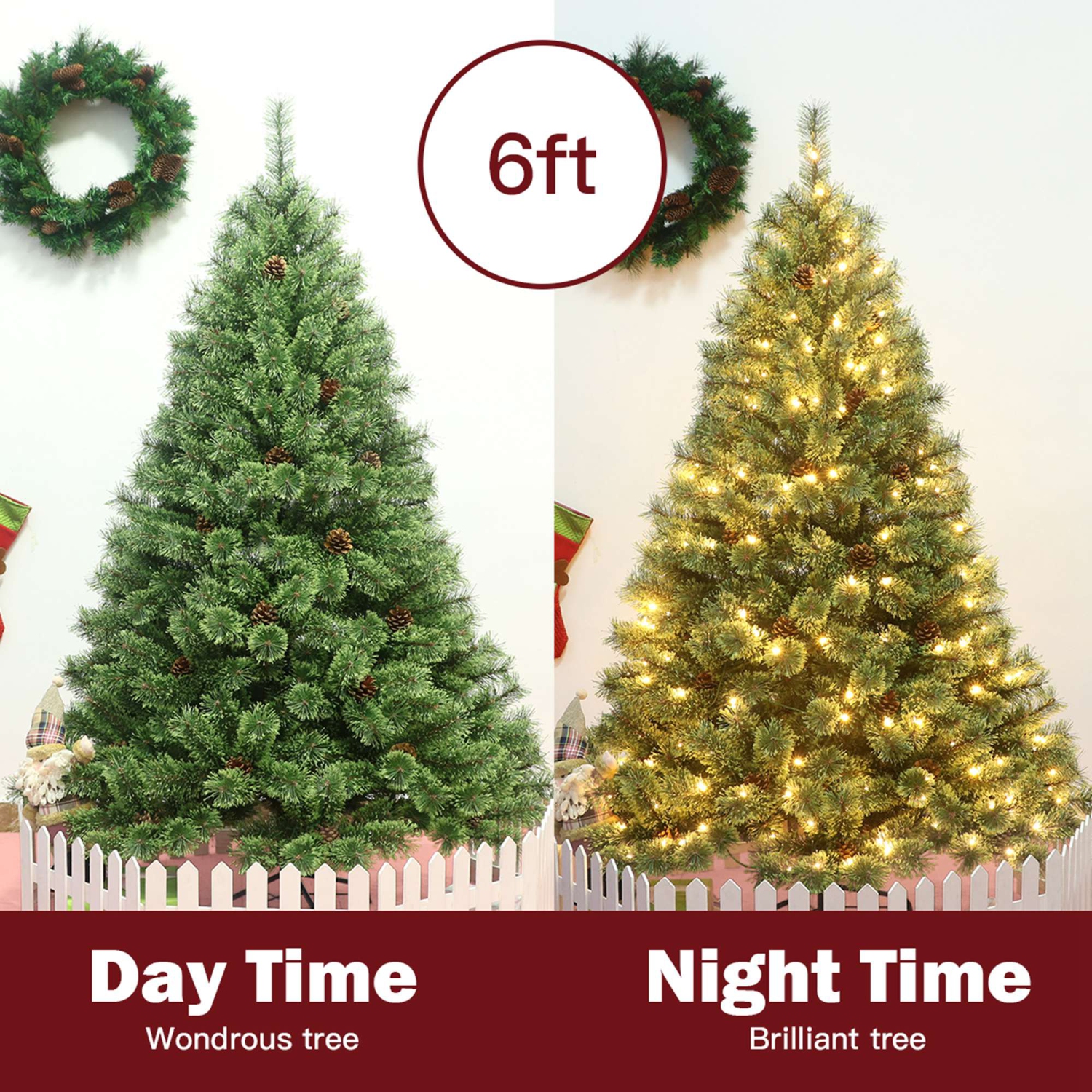 Costway 6Ft Pre-Lit PVC Artificial Carolina Pine Tree Flocked Cones Hinged w/ LED Lights