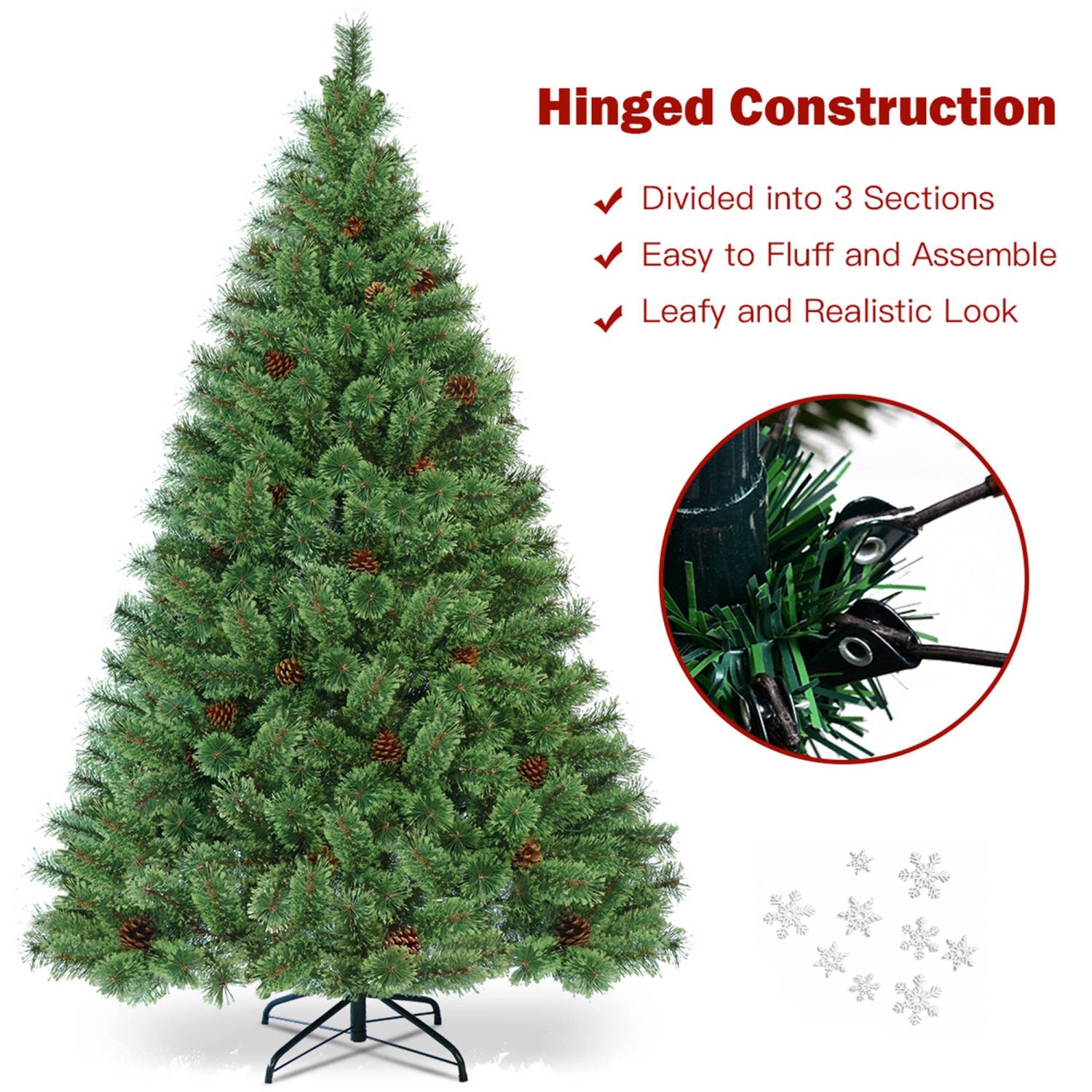 Costway 6Ft Pre-Lit PVC Artificial Carolina Pine Tree Flocked Cones Hinged w/ LED Lights