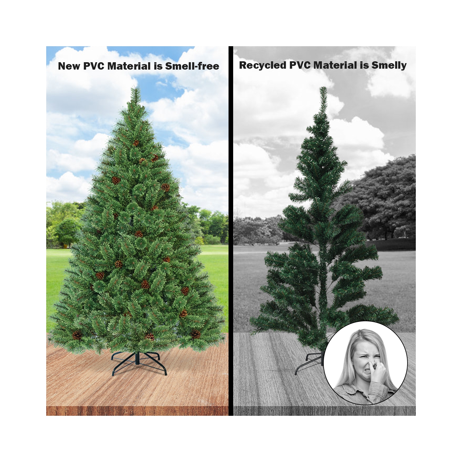 Costway 6Ft Pre-Lit PVC Artificial Carolina Pine Tree Flocked Cones Hinged w/ LED Lights